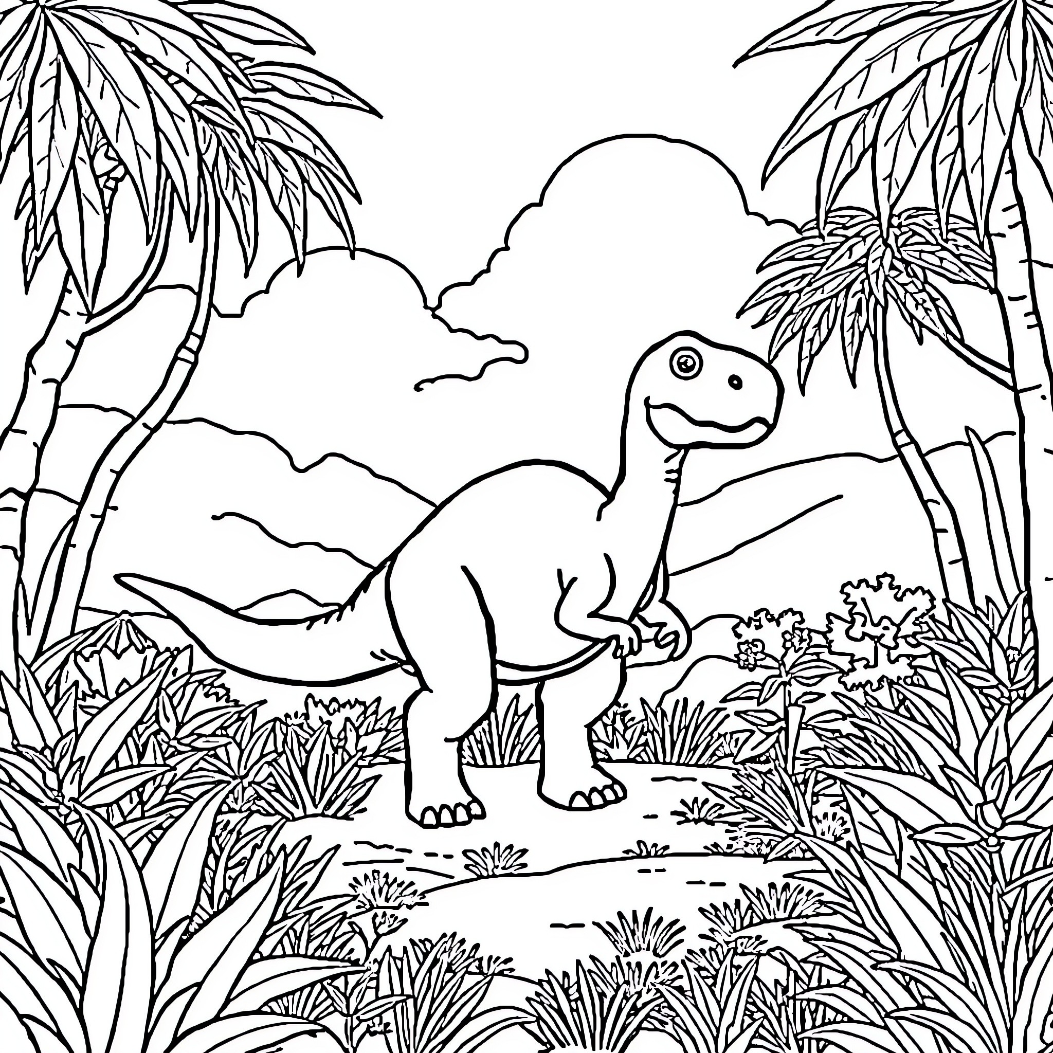 Dinosaur in a tropical jungle landscape Coloring Page (free black-and-white line drawing printable PDF for all, from beginners to advanced learners, including children, teens, adults, and seniors)