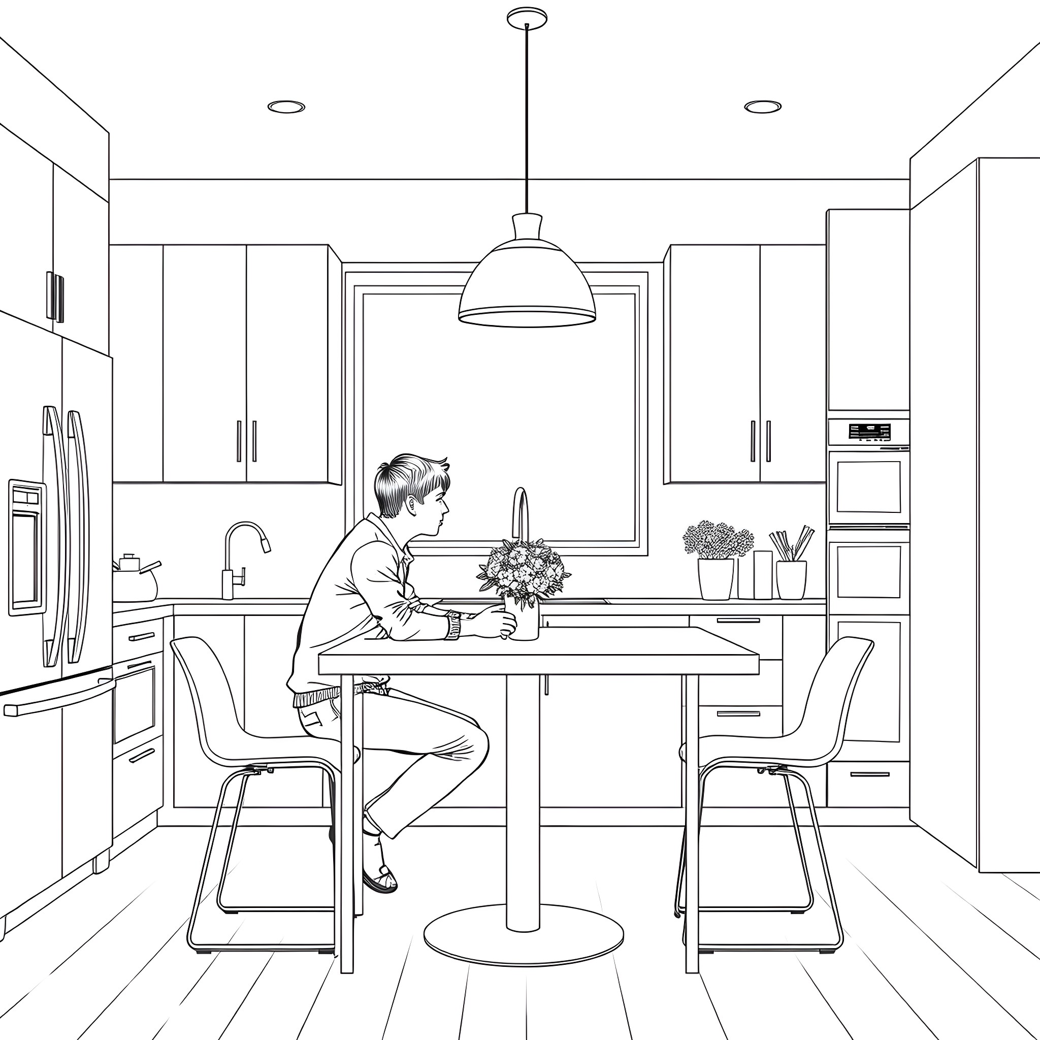 Couple sharing a meal in modern kitchen Coloring Page (free black-and-white line drawing printable PDF for all, from beginners to advanced learners, including children, teens, adults, and seniors)