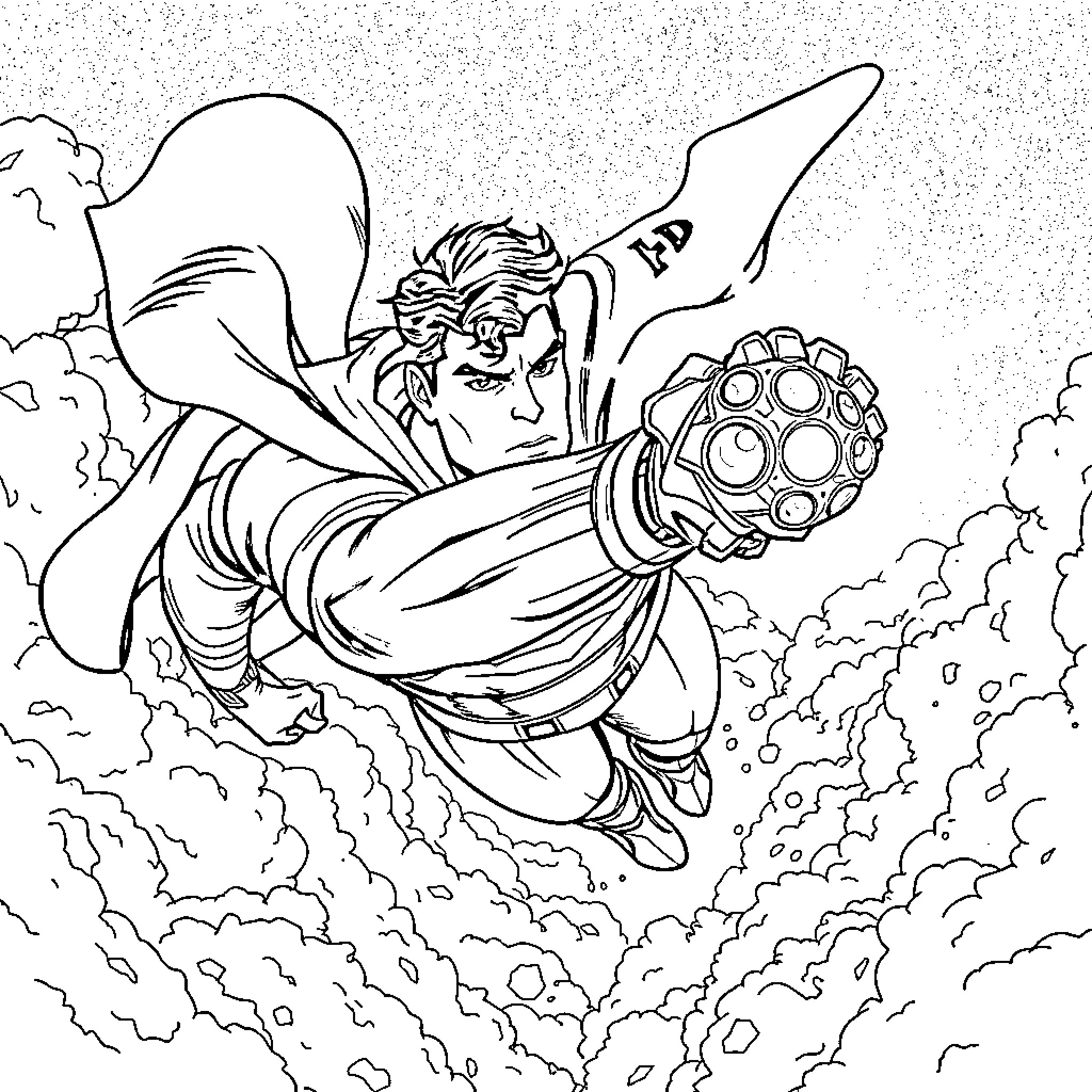 Superman soaring through the sky with outstretched arms Coloring Page (free black-and-white line drawing printable PDF for all, from beginners to advanced learners, including children, teens, adults, and seniors)