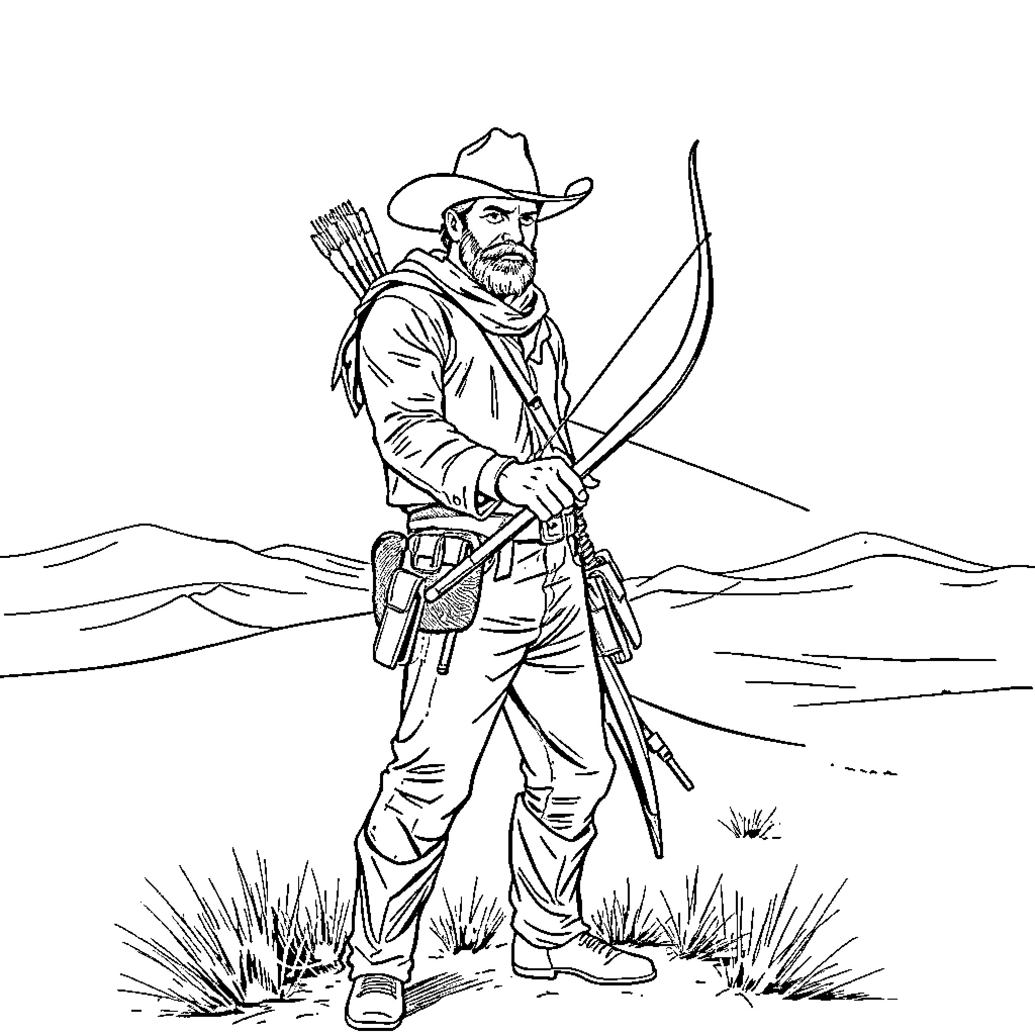 Cowboy in wilderness with bow and arrow Coloring Page (free black-and-white line drawing printable PDF for all, from beginners to advanced learners, including children, teens, adults, and seniors)