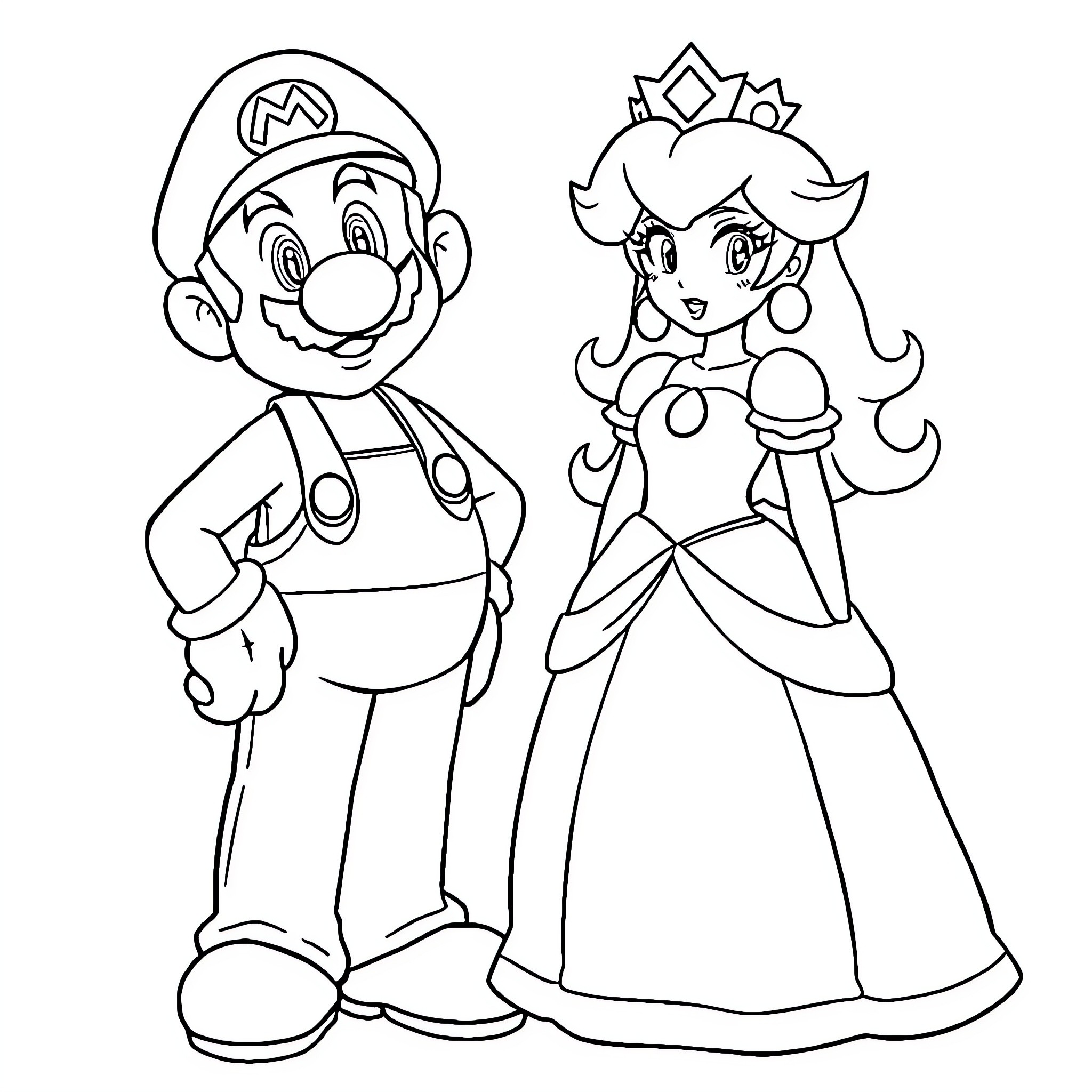 Princess and Plumber Playful Encounter Coloring Page (free black-and-white line drawing printable PDF for all, from beginners to advanced learners, including children, teens, adults, and seniors)