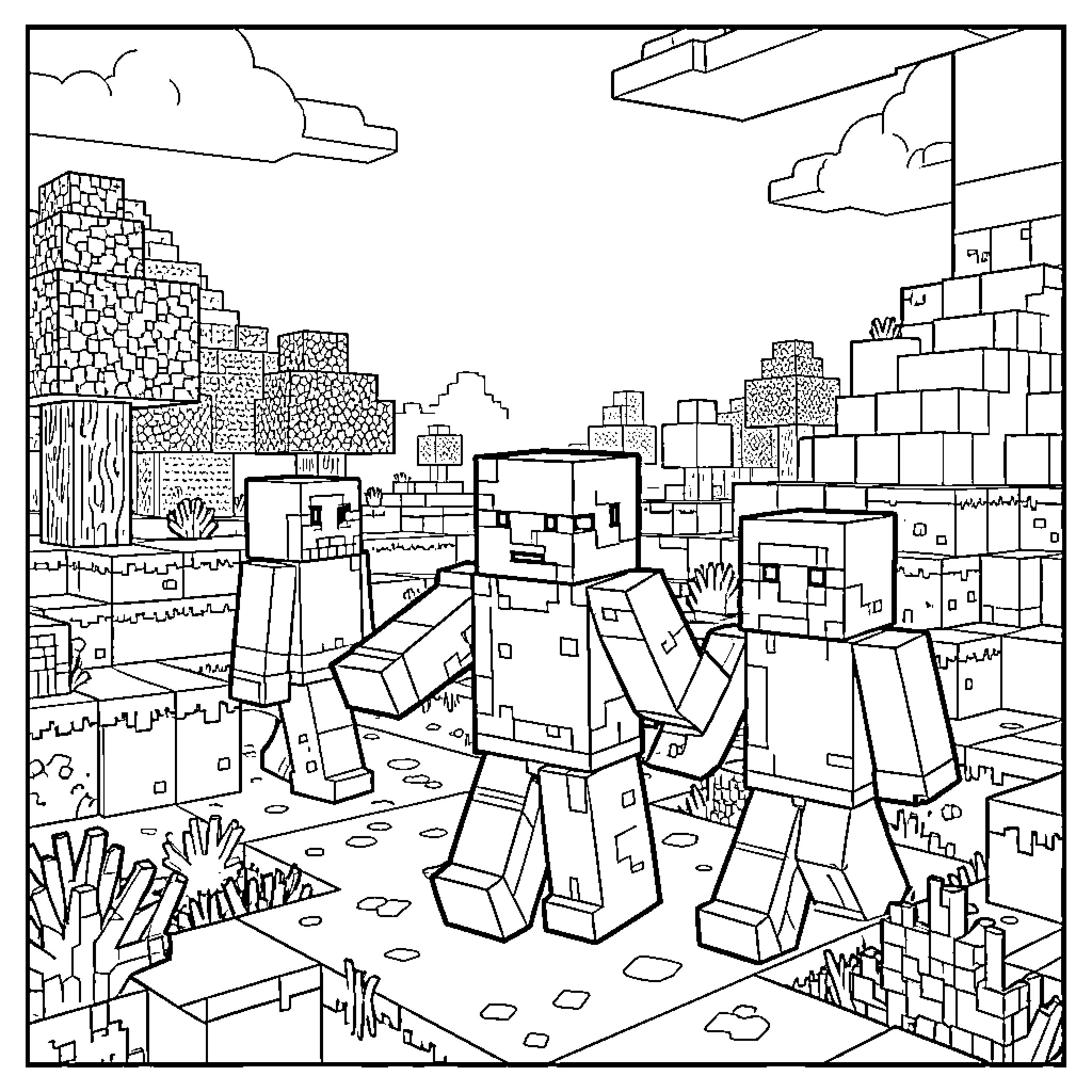 Minecraft Character Exploring a Detailed Blocky Landscape Coloring Page (free black-and-white line drawing printable PDF for all, from beginners to advanced learners, including children, teens, adults, and seniors)