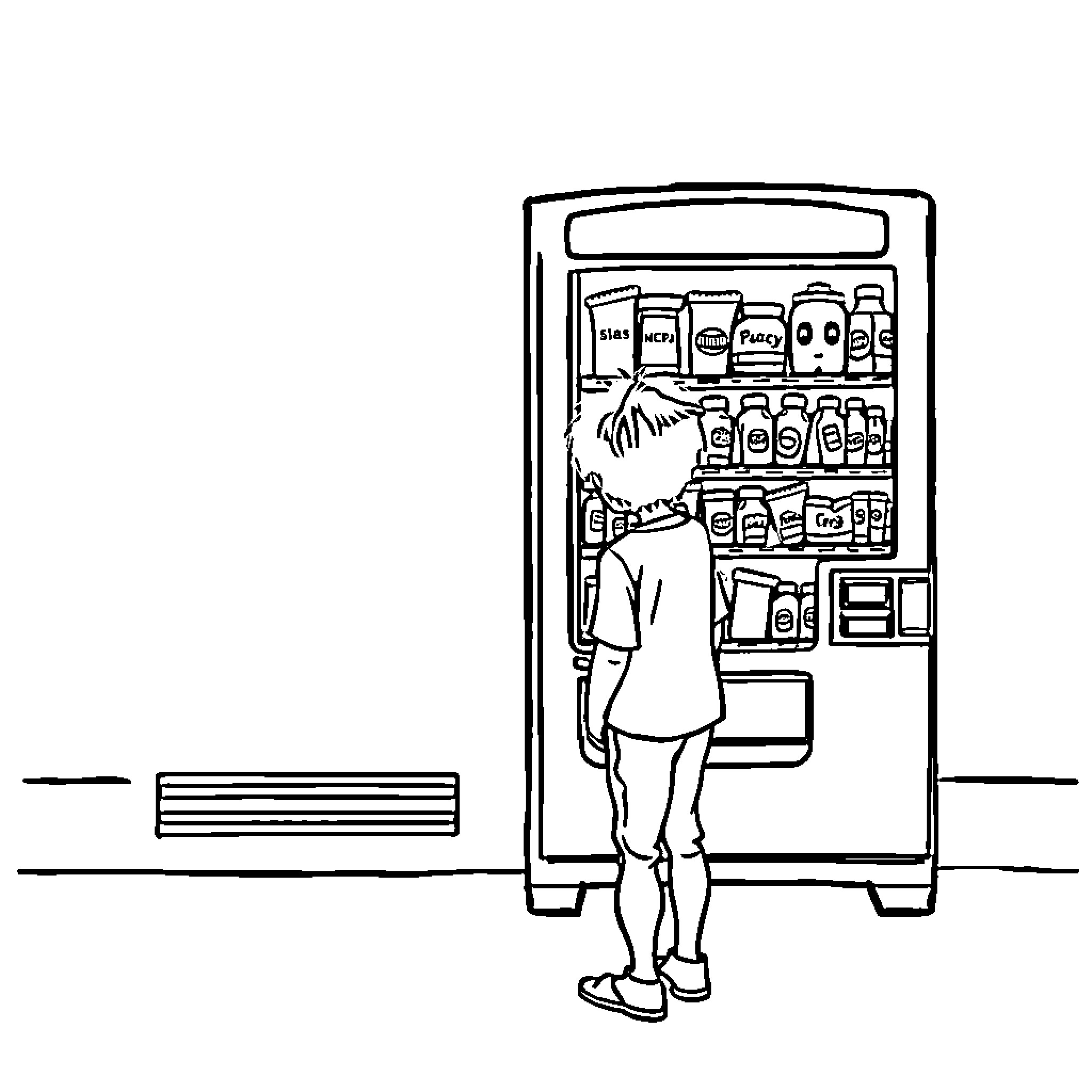 Person examining contents of refrigerator Coloring Page (free black-and-white line drawing printable PDF for all, from beginners to advanced learners, including children, teens, adults, and seniors)