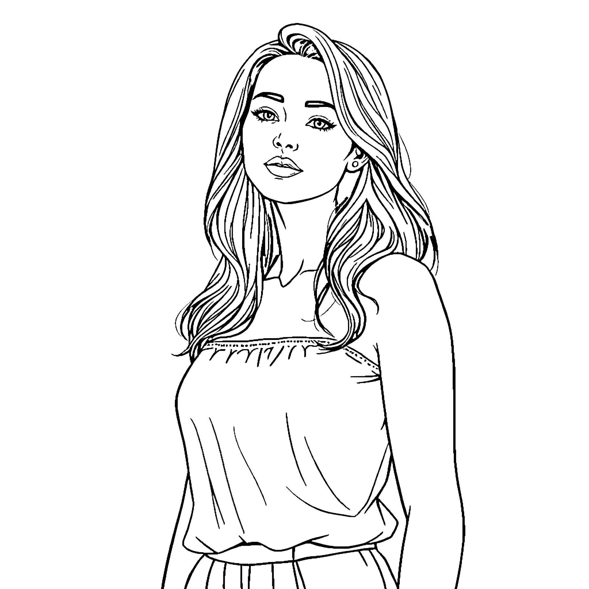 Woman in stylish outfit with flowing hair Coloring Page (free black-and-white line drawing printable PDF for all, from beginners to advanced learners, including children, teens, adults, and seniors)