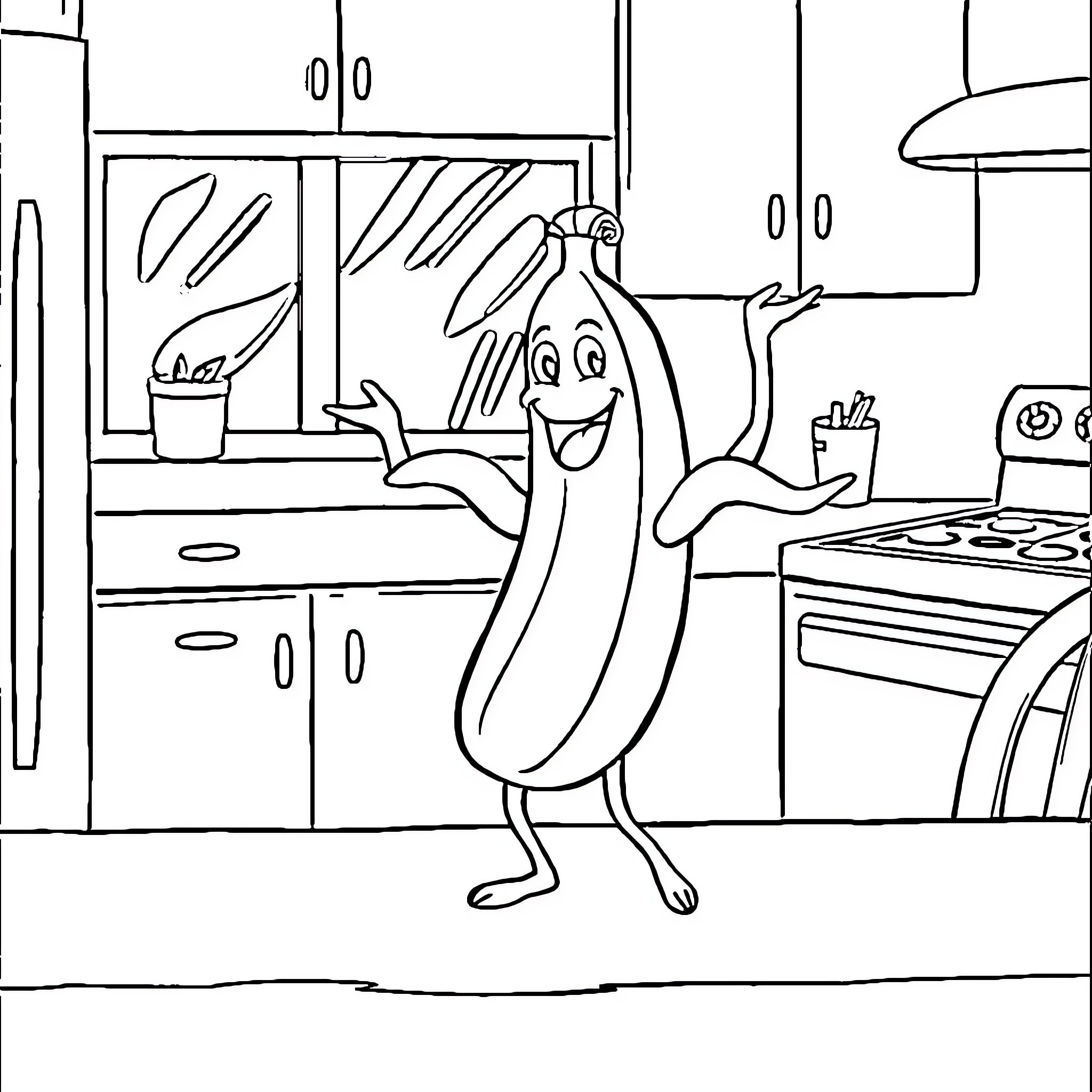 Banana dancing happily in the kitchen Coloring Page (free black-and-white line drawing printable PDF for all, from beginners to advanced learners, including children, teens, adults, and seniors)