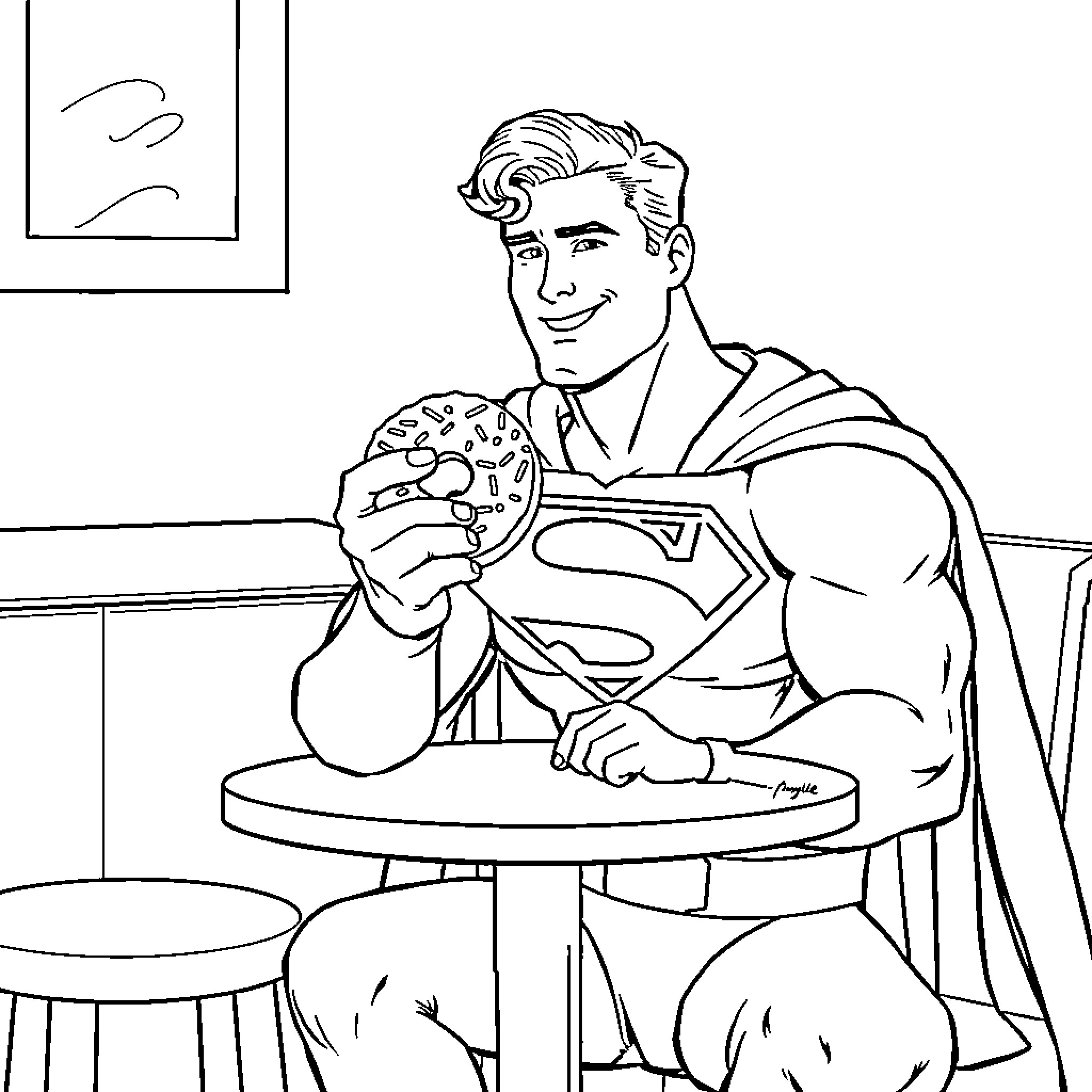 Superman enjoying a delicious snack Coloring Page (free black-and-white line drawing printable PDF for all, from beginners to advanced learners, including children, teens, adults, and seniors)