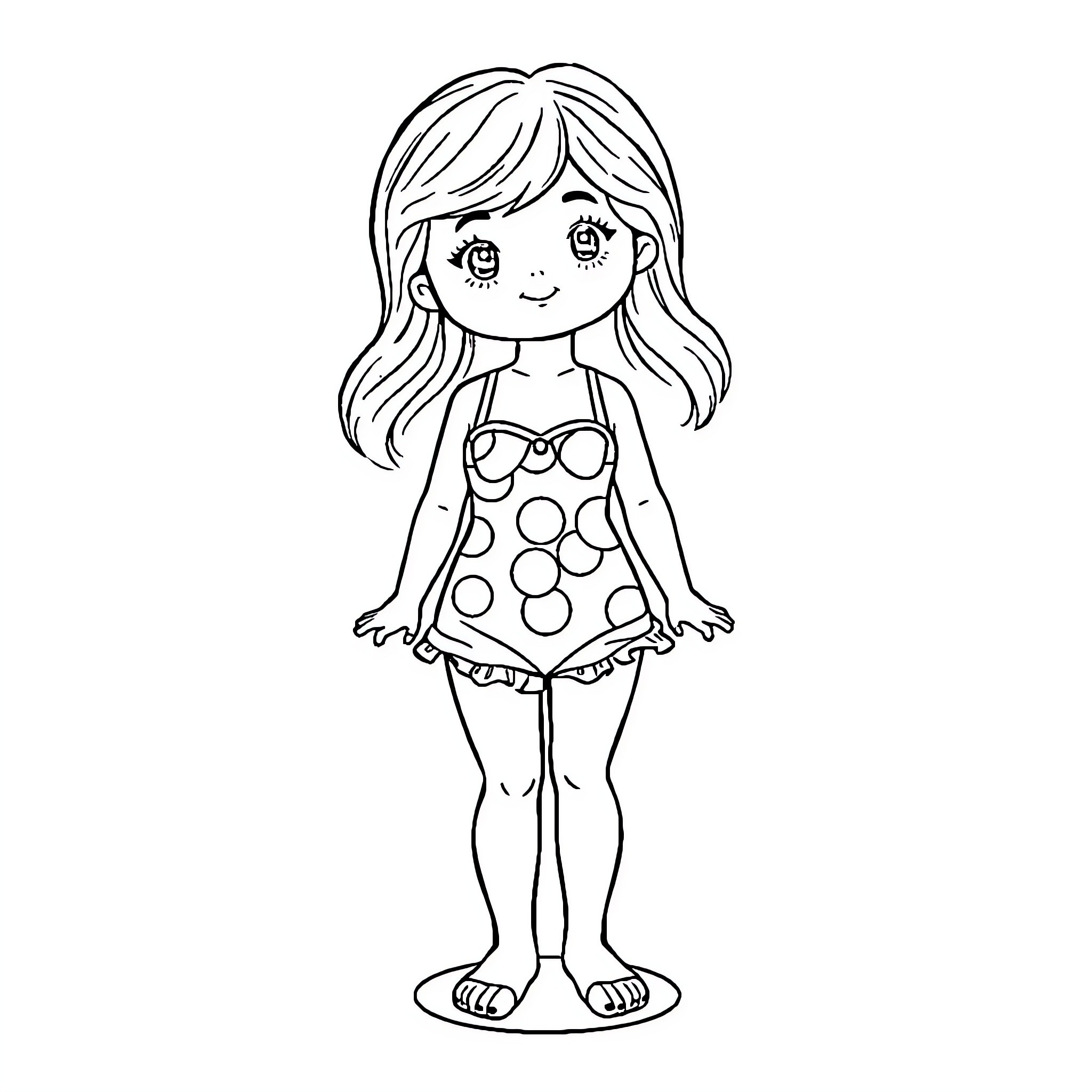 Doll with polka dot swimsuit standing happily Coloring Page (free black-and-white line drawing printable PDF for all, from beginners to advanced learners, including children, teens, adults, and seniors)