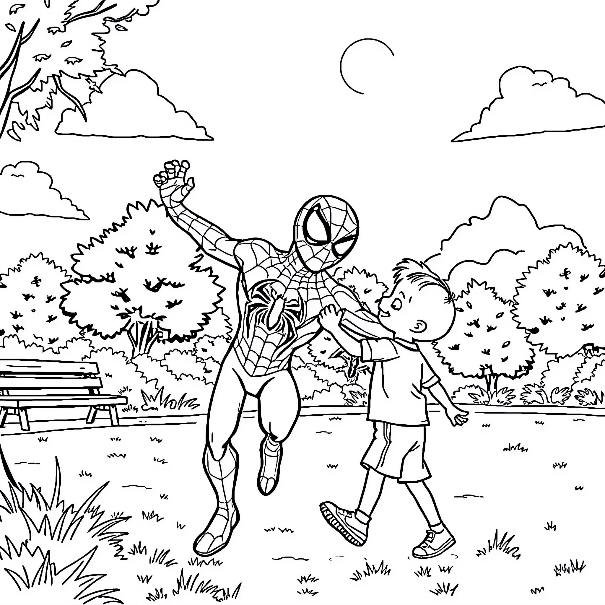 Spiderman playing with a young child in the park Coloring Page (free black-and-white line drawing printable PDF for all, from beginners to advanced learners, including children, teens, adults, and seniors)