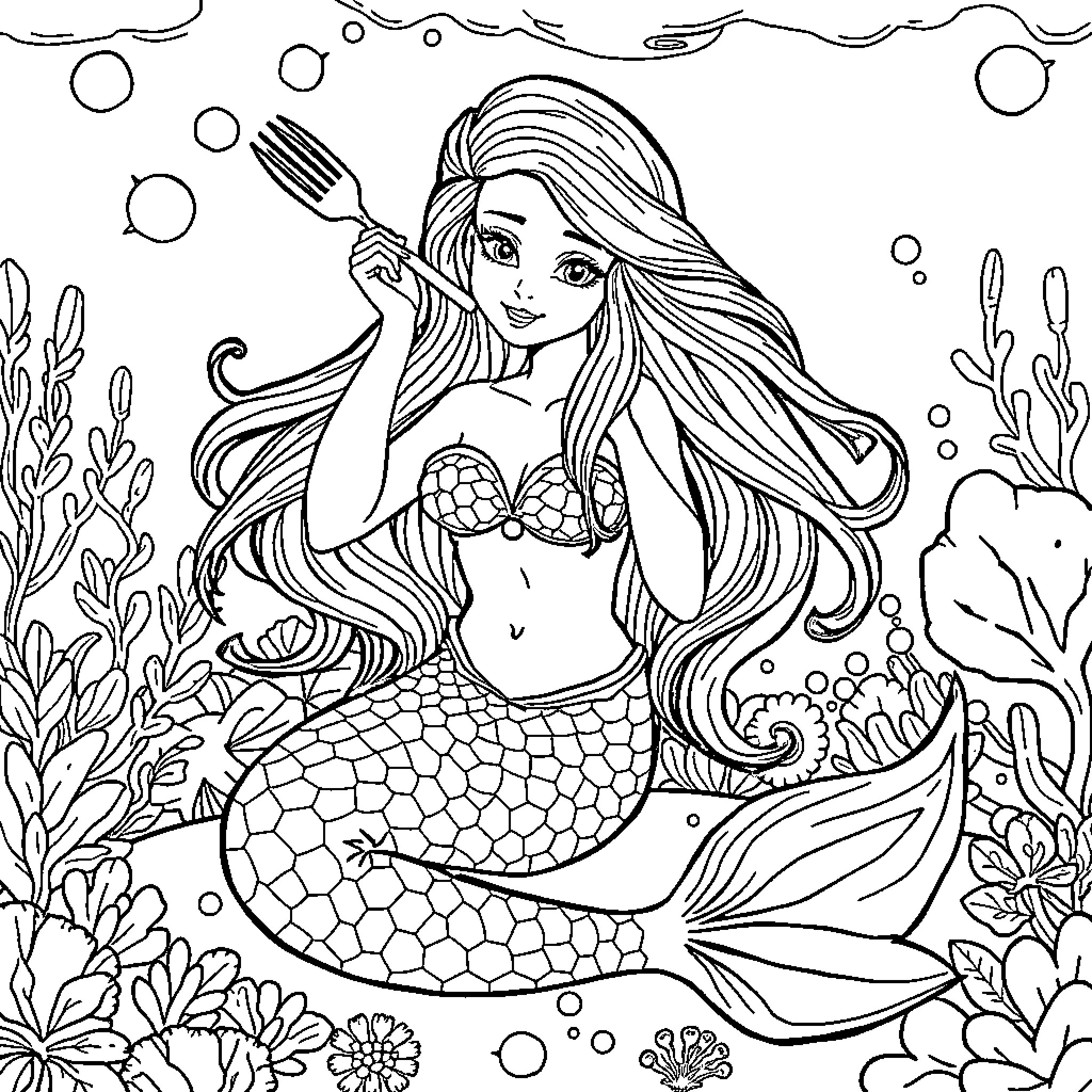 Mermaid enjoying a meal in the underwater realm Coloring Page (free black-and-white line drawing printable PDF for all, from beginners to advanced learners, including children, teens, adults, and seniors)