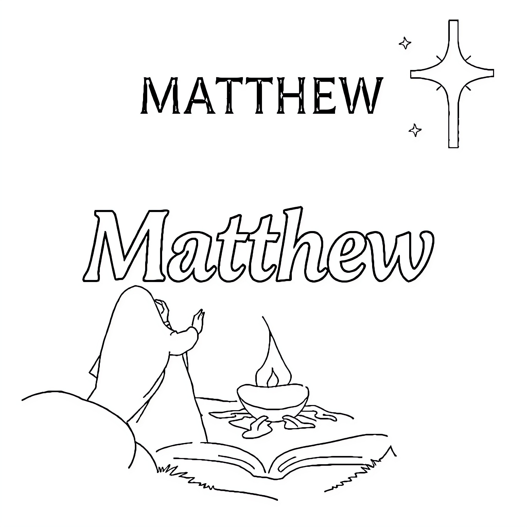 Bible scene with praying figure and lit candle Coloring Page (free black-and-white line drawing printable PDF for all, from beginners to advanced learners, including children, teens, adults, and seniors)