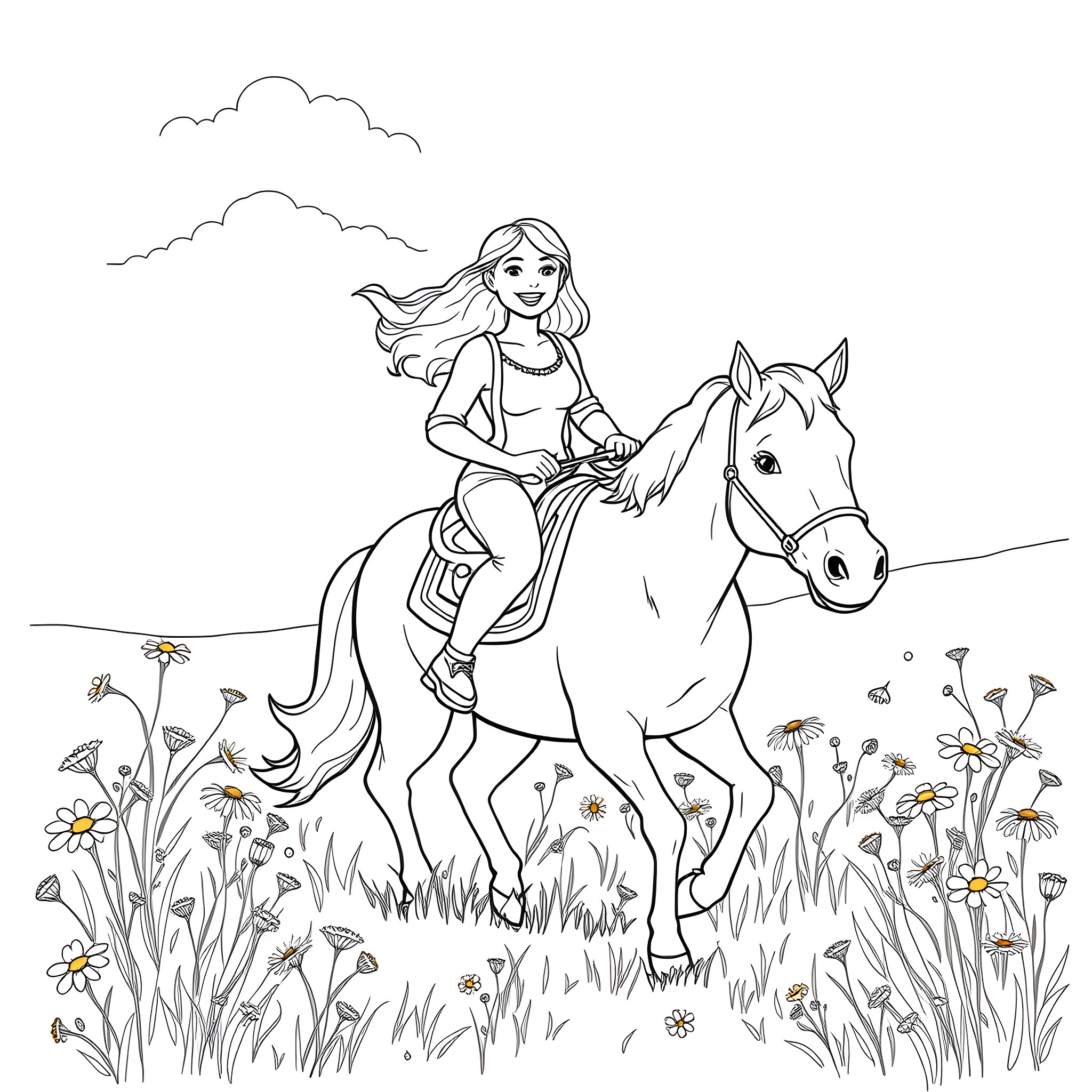 Woman riding a horse through a meadow Coloring Page (free black-and-white line drawing printable PDF for all, from beginners to advanced learners, including children, teens, adults, and seniors)