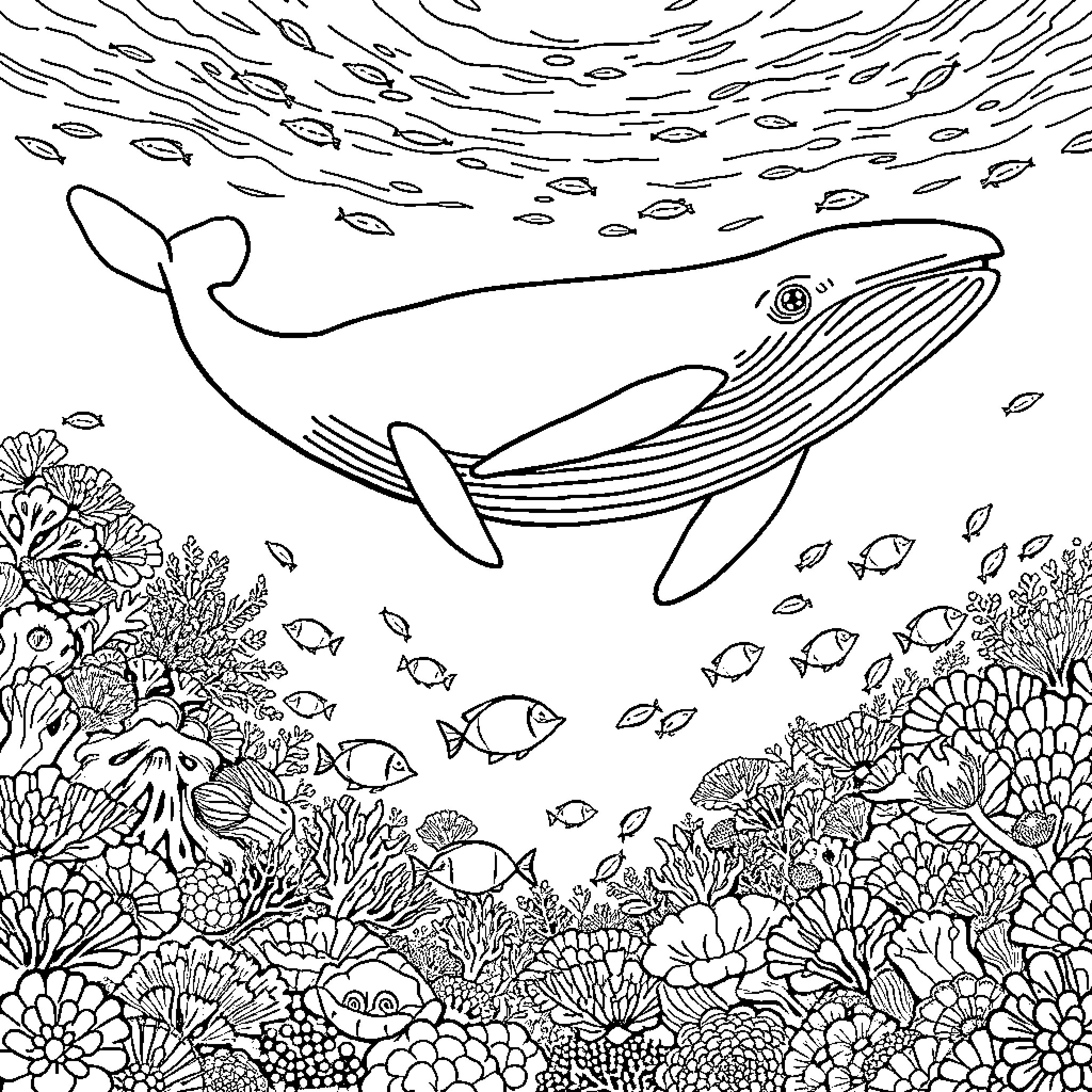 Whale swimming gracefully among vibrant coral reef Coloring Page (free black-and-white line drawing printable PDF for all, from beginners to advanced learners, including children, teens, adults, and seniors)