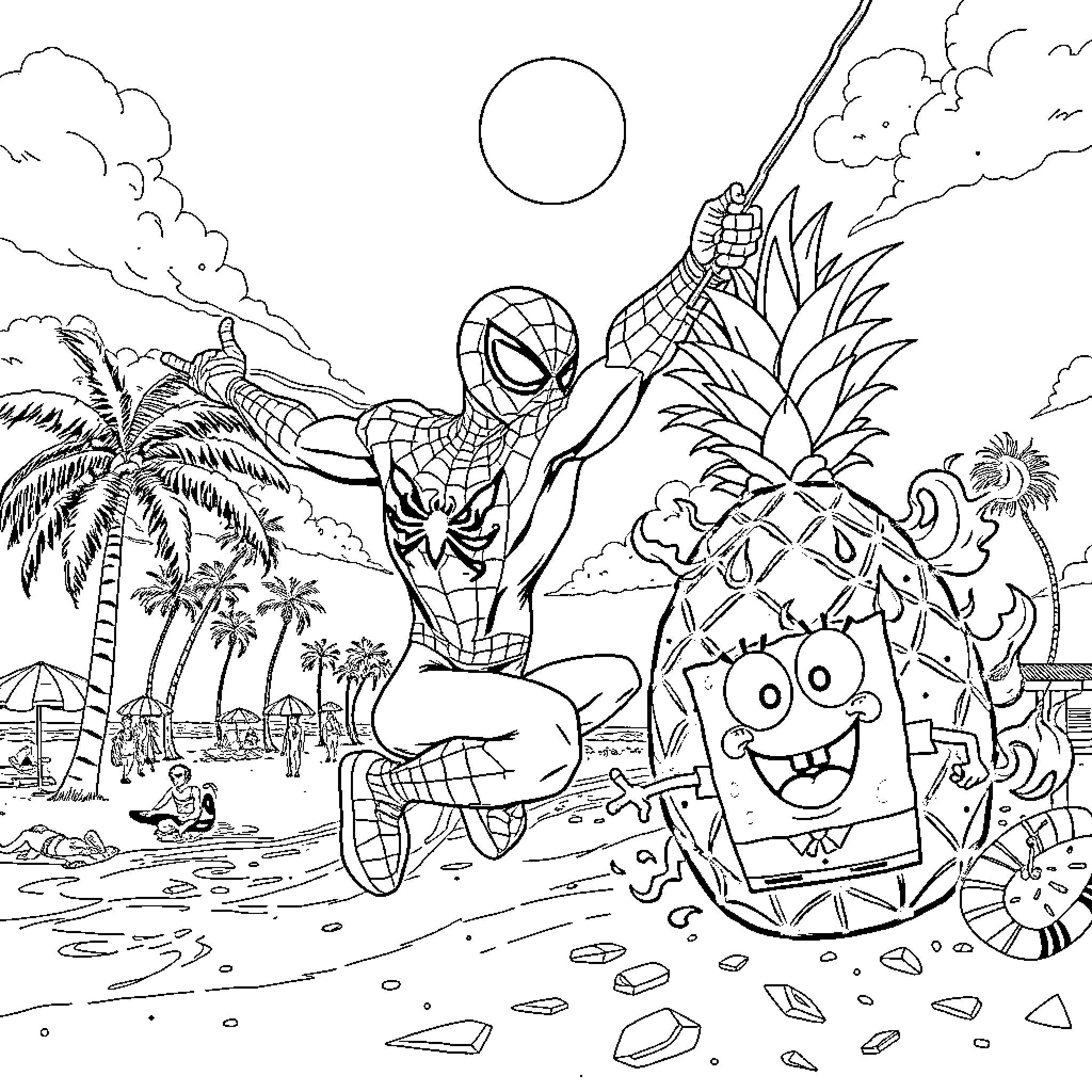 Spiderman battles tropical villains on the beach Coloring Page (free black-and-white line drawing printable PDF for all, from beginners to advanced learners, including children, teens, adults, and seniors)