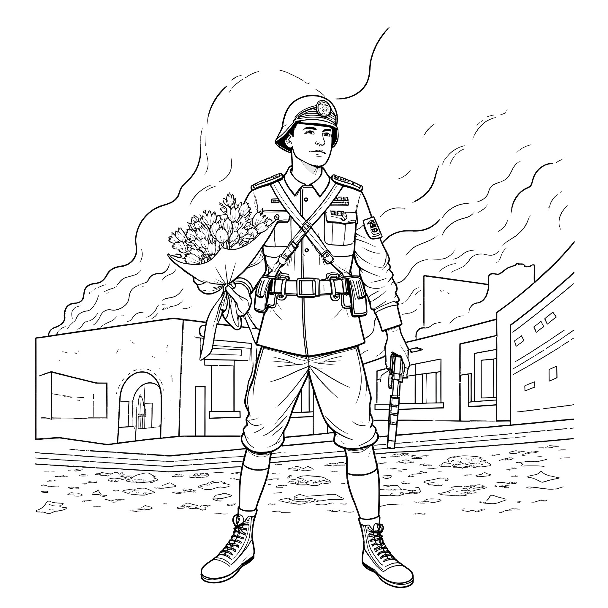 Soldier Carrying Flowers Amidst Destroyed Buildings Coloring Page (free black-and-white line drawing printable PDF for all, from beginners to advanced learners, including children, teens, adults, and seniors)