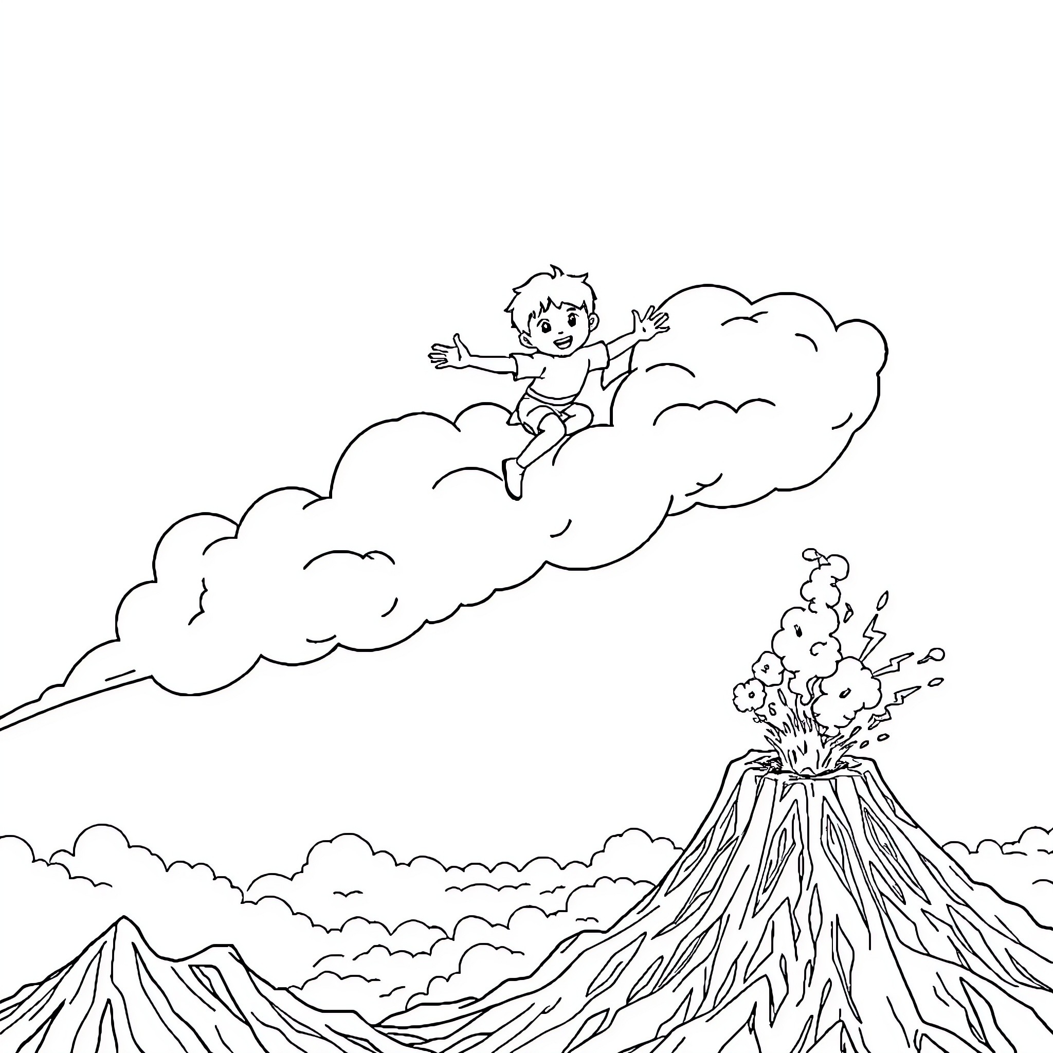 Boy riding on a cloud above a volcanic eruption Coloring Page (free black-and-white line drawing printable PDF for all, from beginners to advanced learners, including children, teens, adults, and seniors)