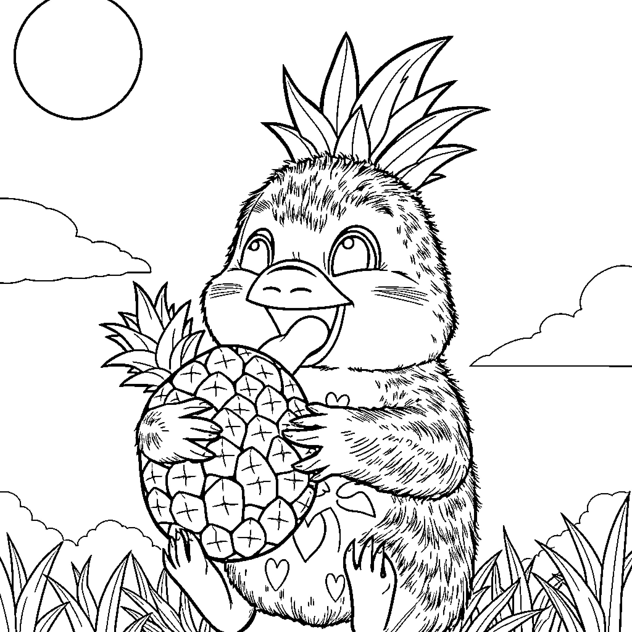 Labubu's Pineapple Adventure Coloring Page (free black-and-white line drawing printable PDF for all, from beginners to advanced learners, including children, teens, adults, and seniors)
