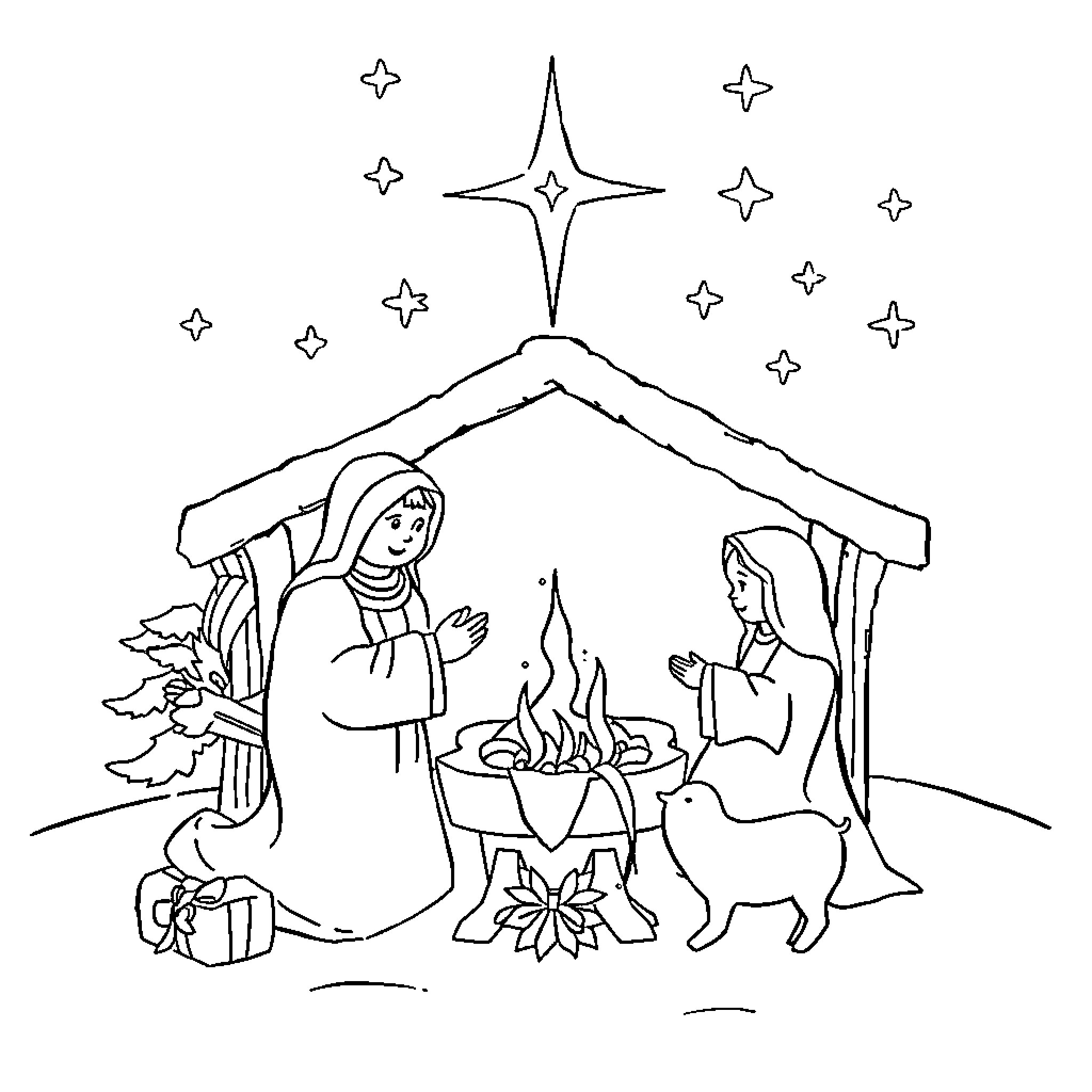 Noel scene of nativity with figures Coloring Page (free black-and-white line drawing printable PDF for all, from beginners to advanced learners, including children, teens, adults, and seniors)
