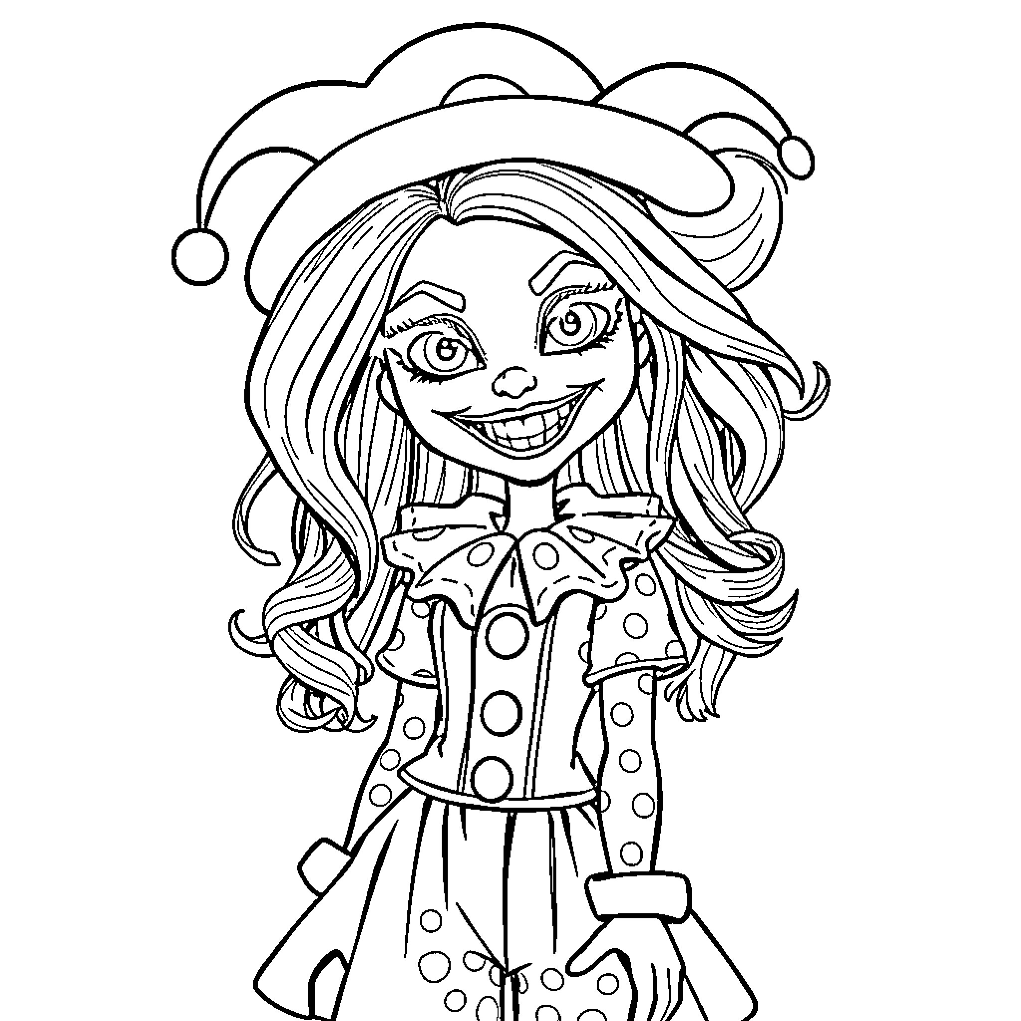 Bratz Doll in Whimsical Clown-Inspired Outfit Coloring Page (free black-and-white line drawing printable PDF for all, from beginners to advanced learners, including children, teens, adults, and seniors)