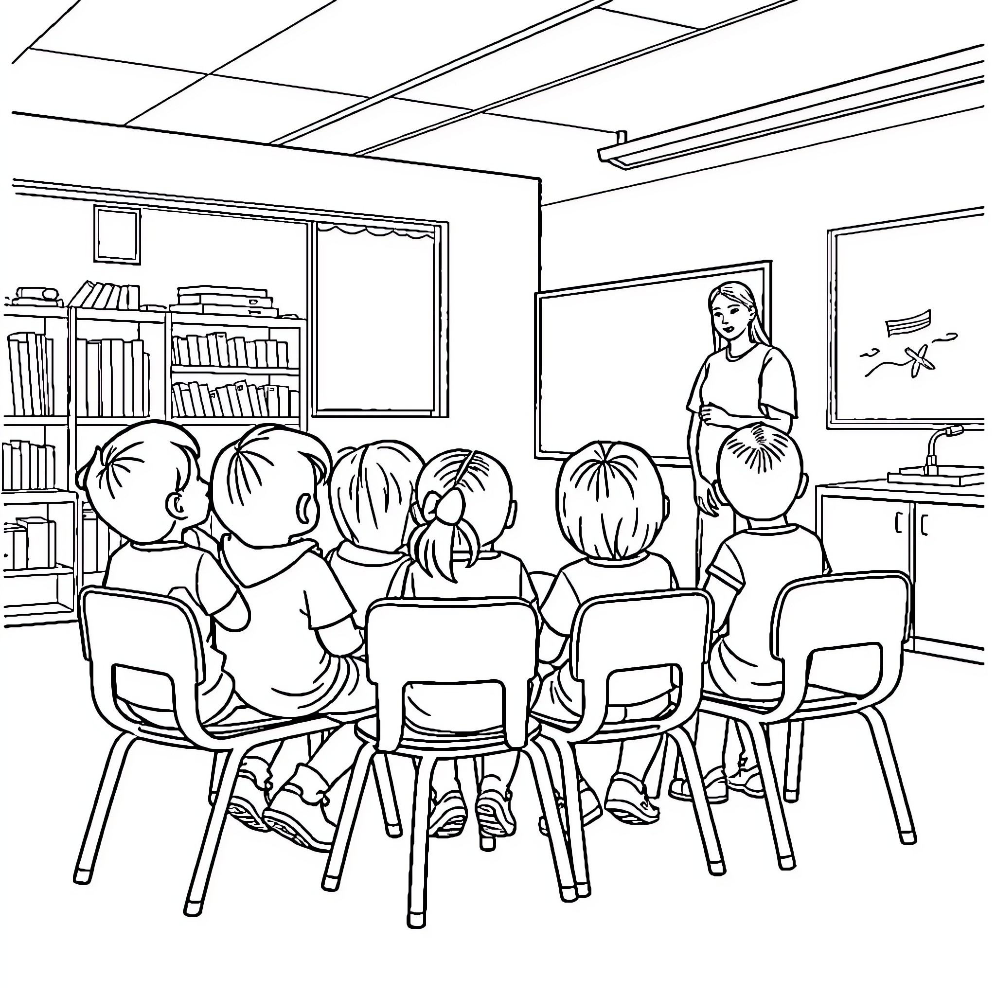 Child learning in classroom with teacher Coloring Page (free black-and-white line drawing printable PDF for all, from beginners to advanced learners, including children, teens, adults, and seniors)