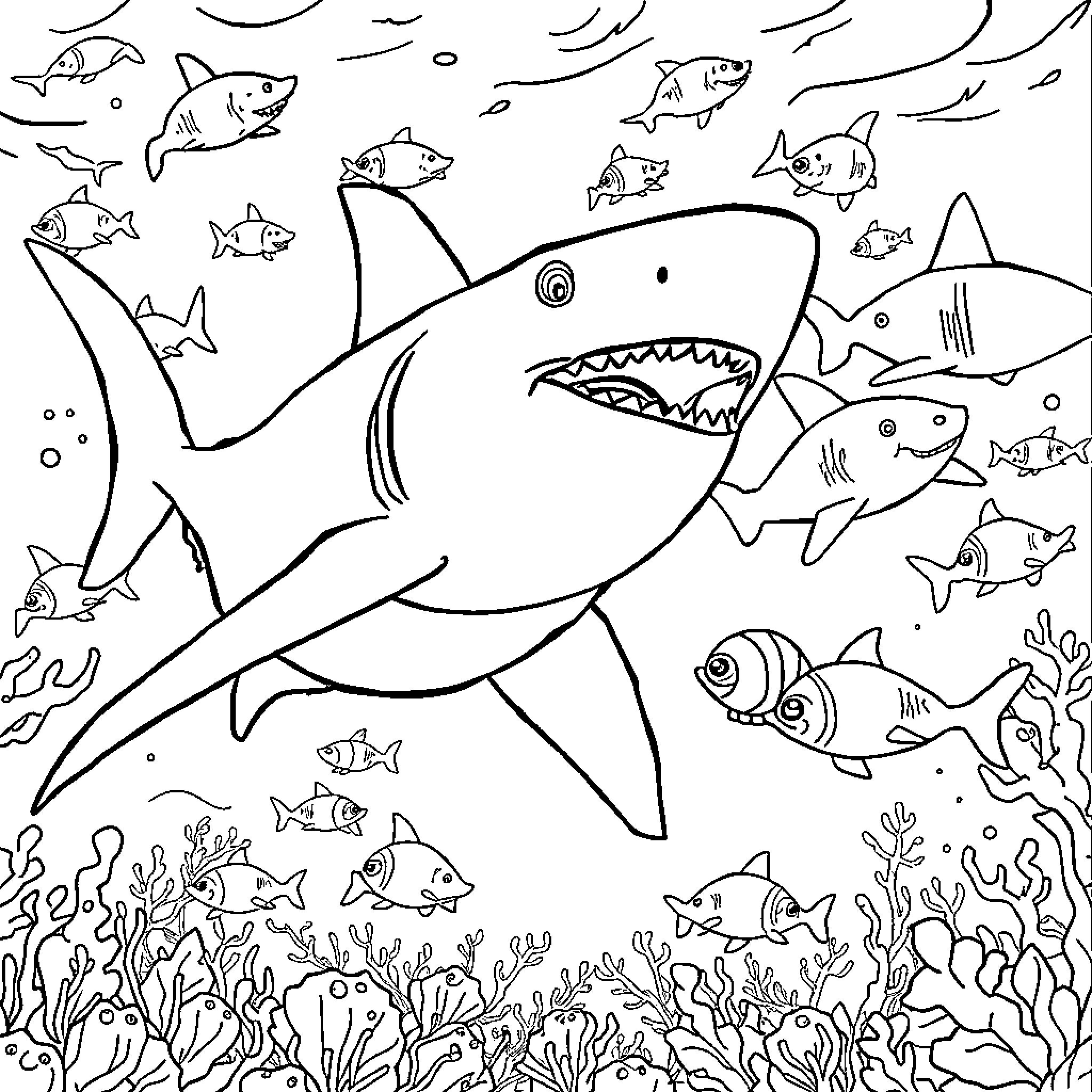 Shark surrounded by underwater marine life Coloring Page (free black-and-white line drawing printable PDF for all, from beginners to advanced learners, including children, teens, adults, and seniors)