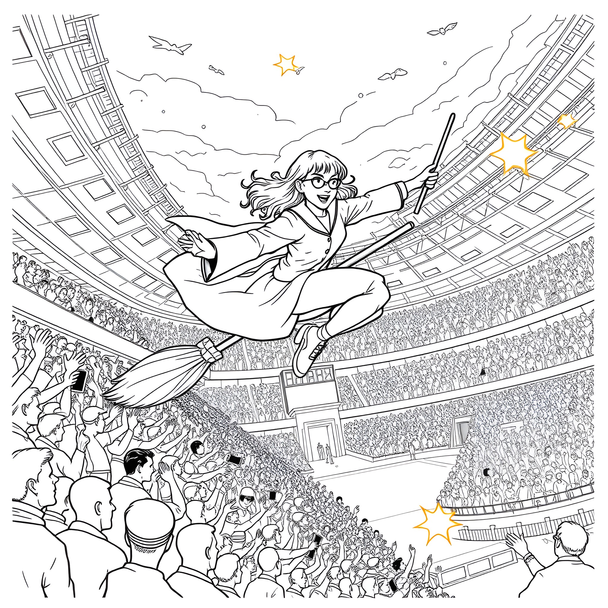 Hermione Granger Soaring through the Quidditch Pitch Coloring Page (free black-and-white line drawing printable PDF for all, from beginners to advanced learners, including children, teens, adults, and seniors)