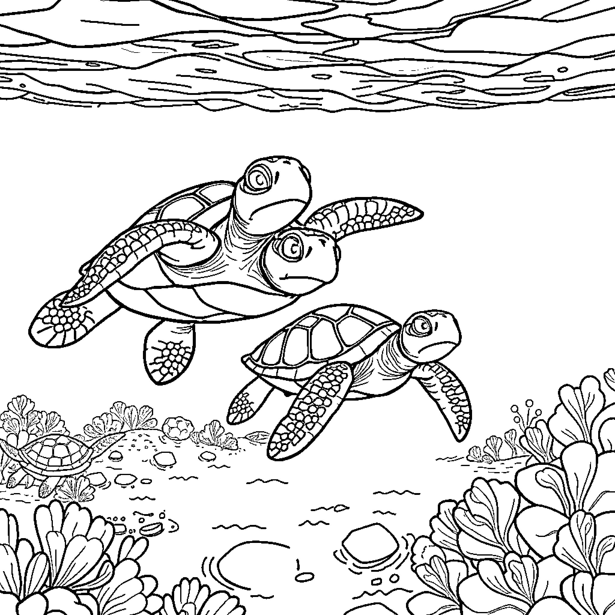 Turtle family swimming in the ocean Coloring Page (free black-and-white line drawing printable PDF for all, from beginners to advanced learners, including children, teens, adults, and seniors)