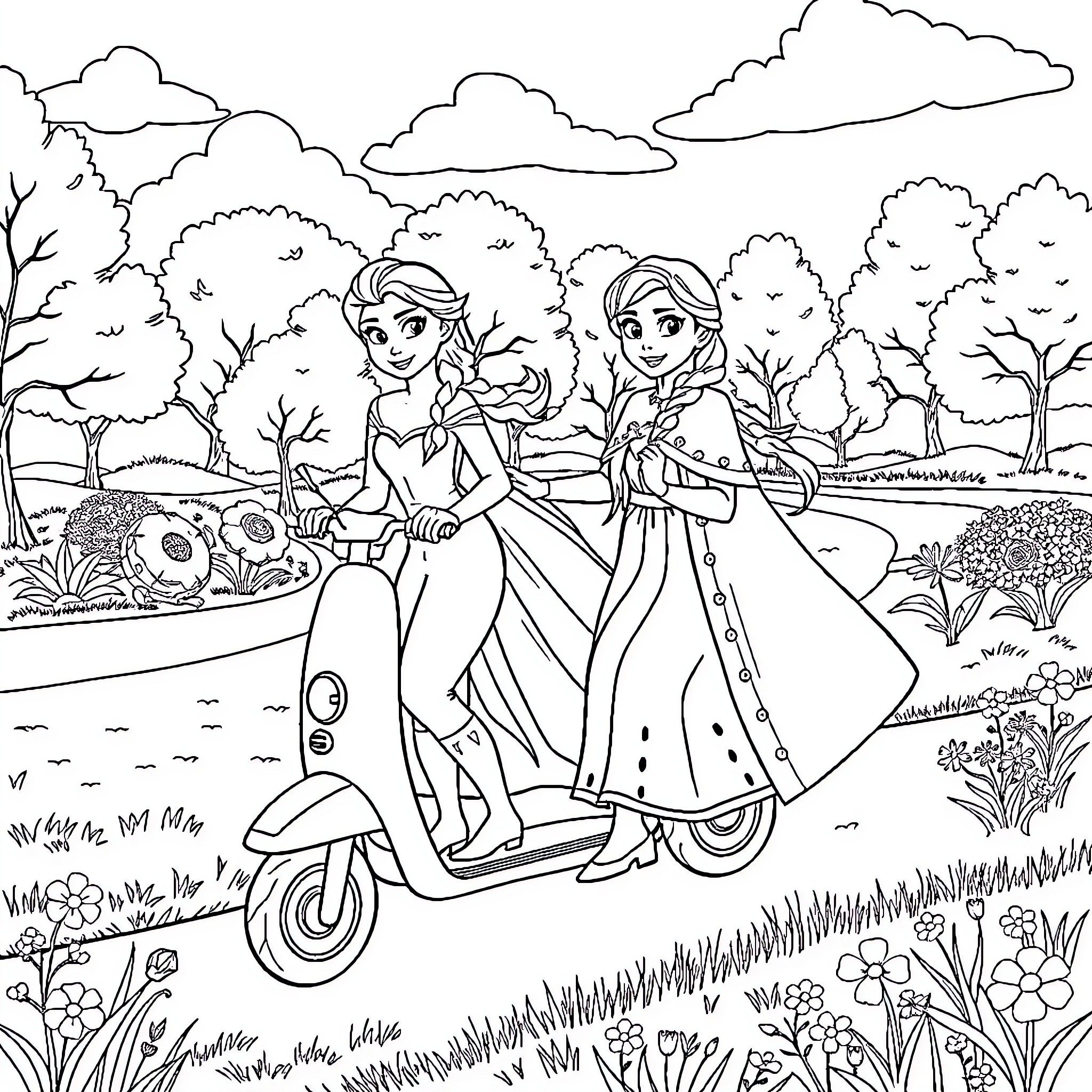 Elsa and Anna's Scooter Adventure in the Enchanted Forest Coloring Page (free black-and-white line drawing printable PDF for all, from beginners to advanced learners, including children, teens, adults, and seniors)