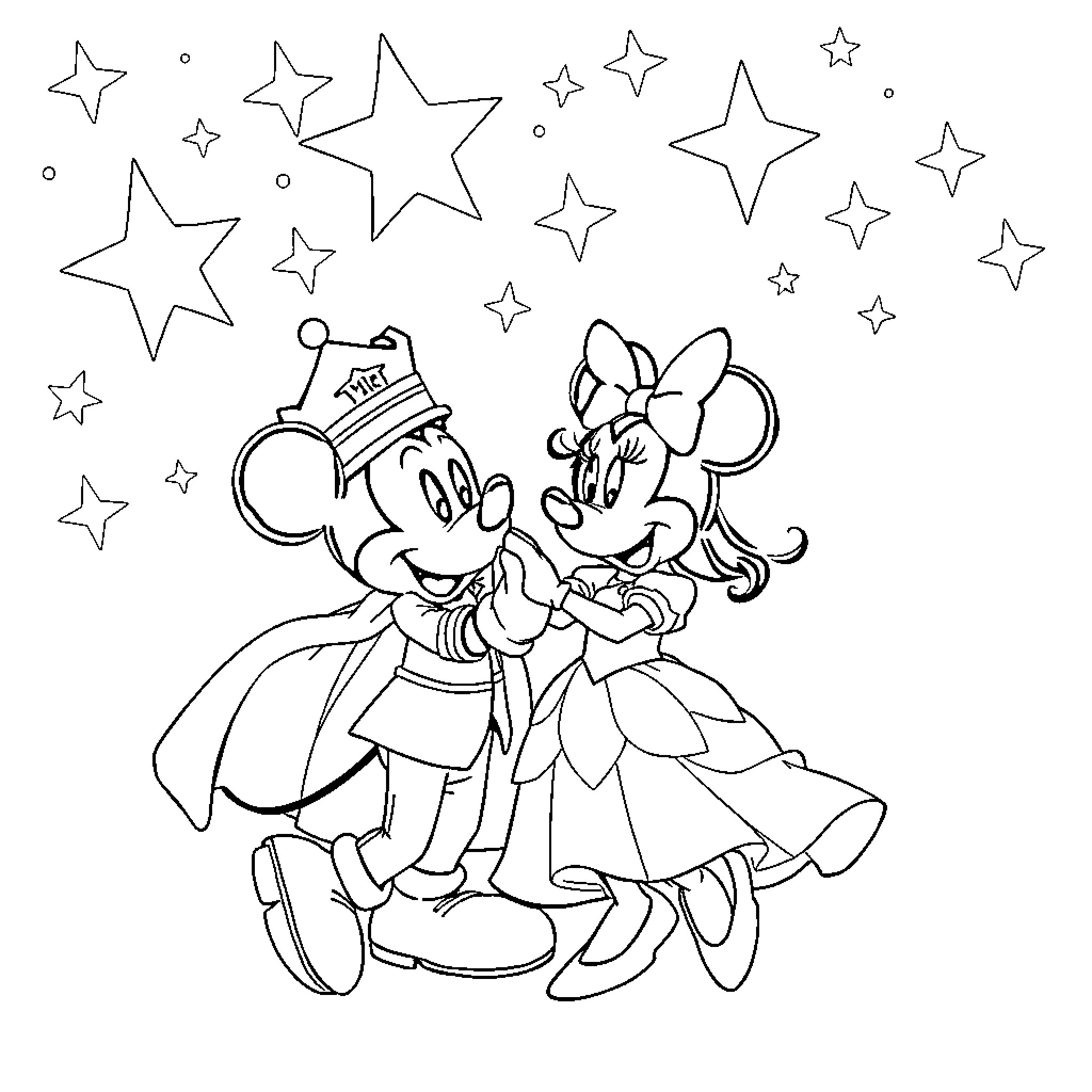 Mickey and Minnie dancing under the starry sky Coloring Page (free black-and-white line drawing printable PDF for all, from beginners to advanced learners, including children, teens, adults, and seniors)