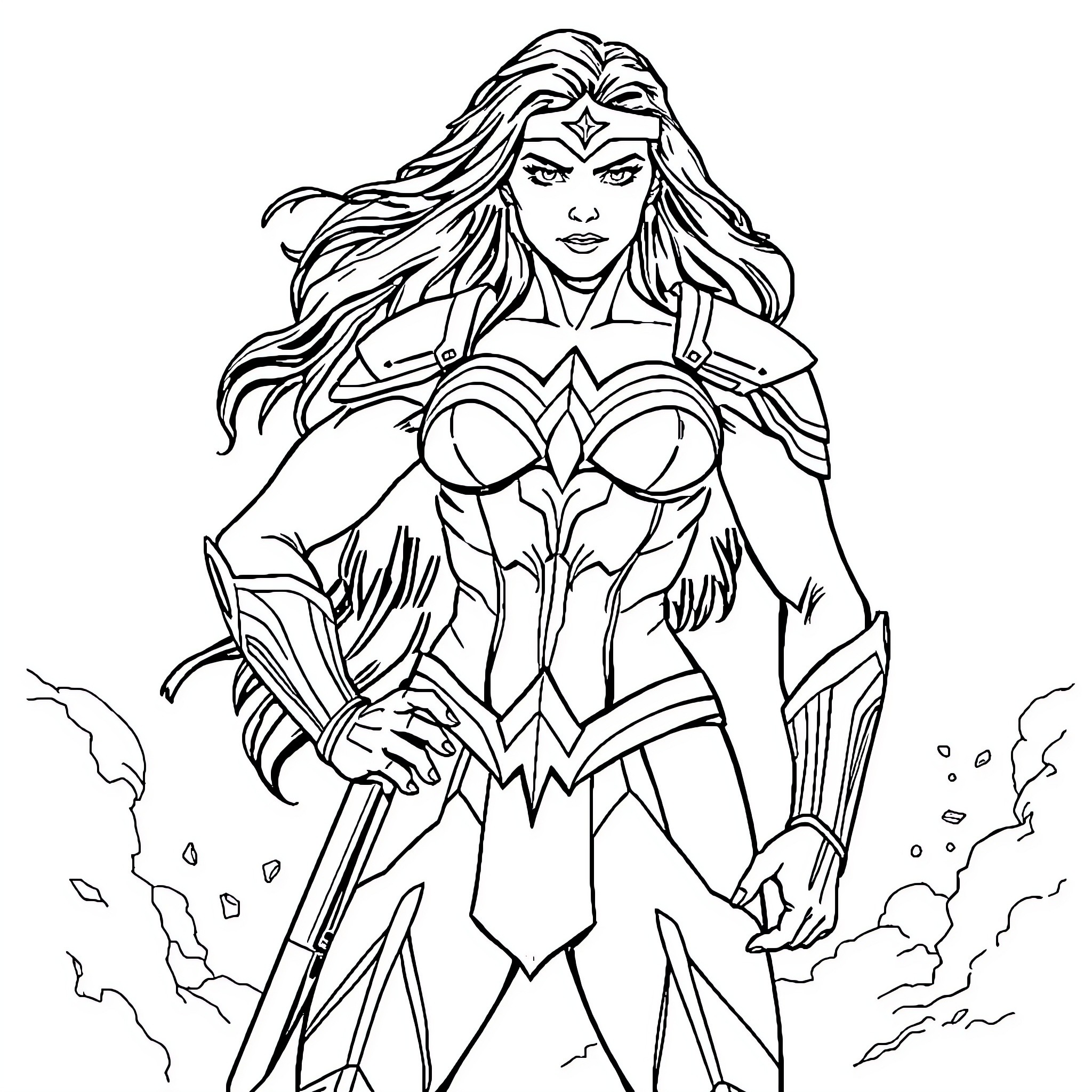 Wonder Woman in heroic battle stance Coloring Page (free black-and-white line drawing printable PDF for all, from beginners to advanced learners, including children, teens, adults, and seniors)