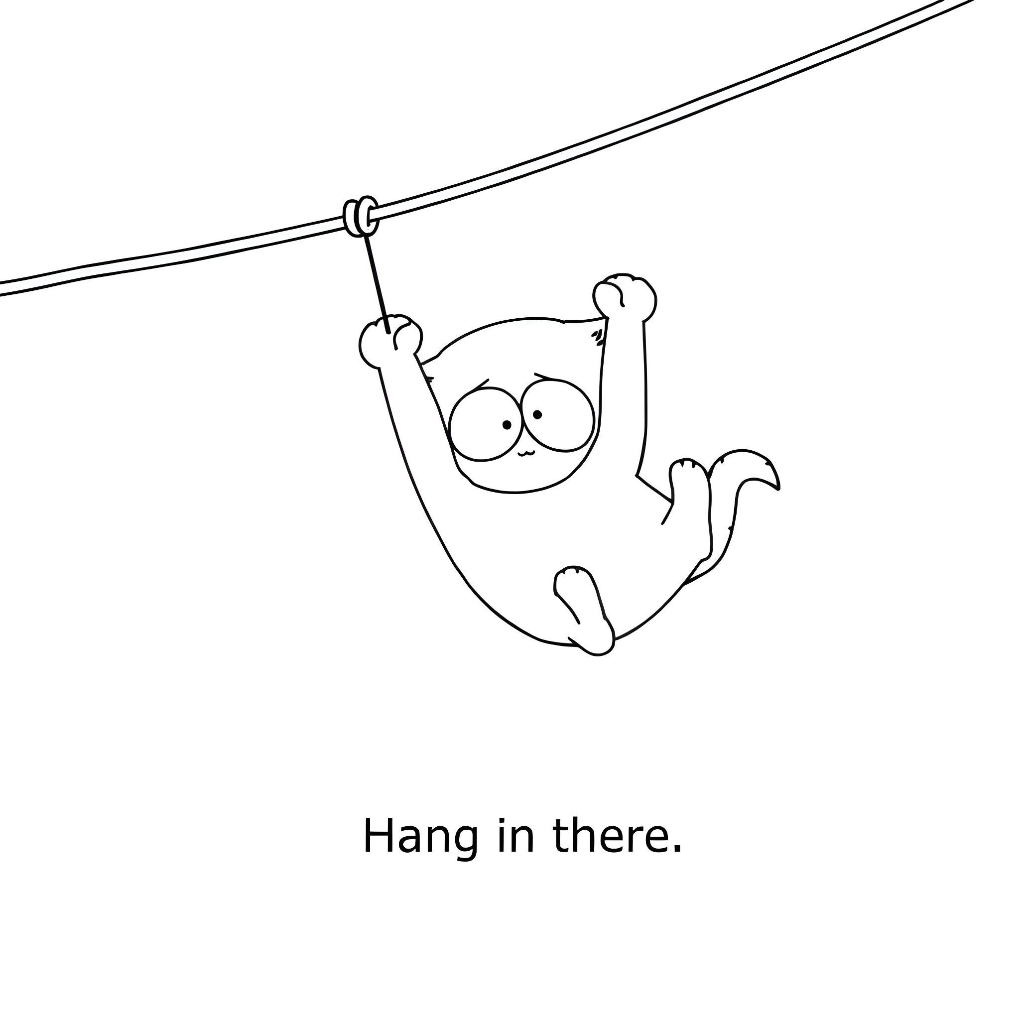 Mr. Kitty hanging on a clothesline Coloring Page (free black-and-white line drawing printable PDF for all, from beginners to advanced learners, including children, teens, adults, and seniors)