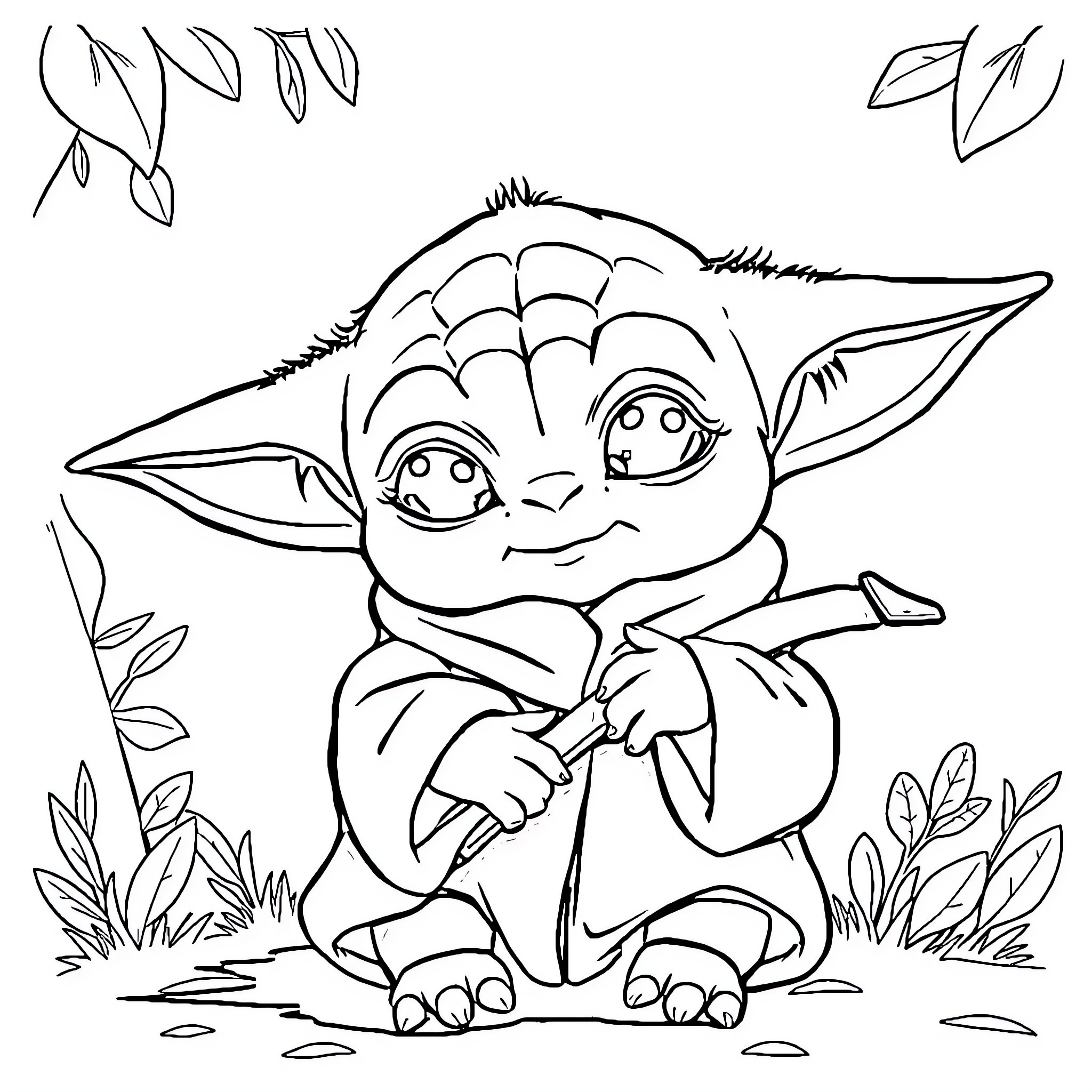 Baby Yoda exploring the forest landscape Coloring Page (free black-and-white line drawing printable PDF for all, from beginners to advanced learners, including children, teens, adults, and seniors)