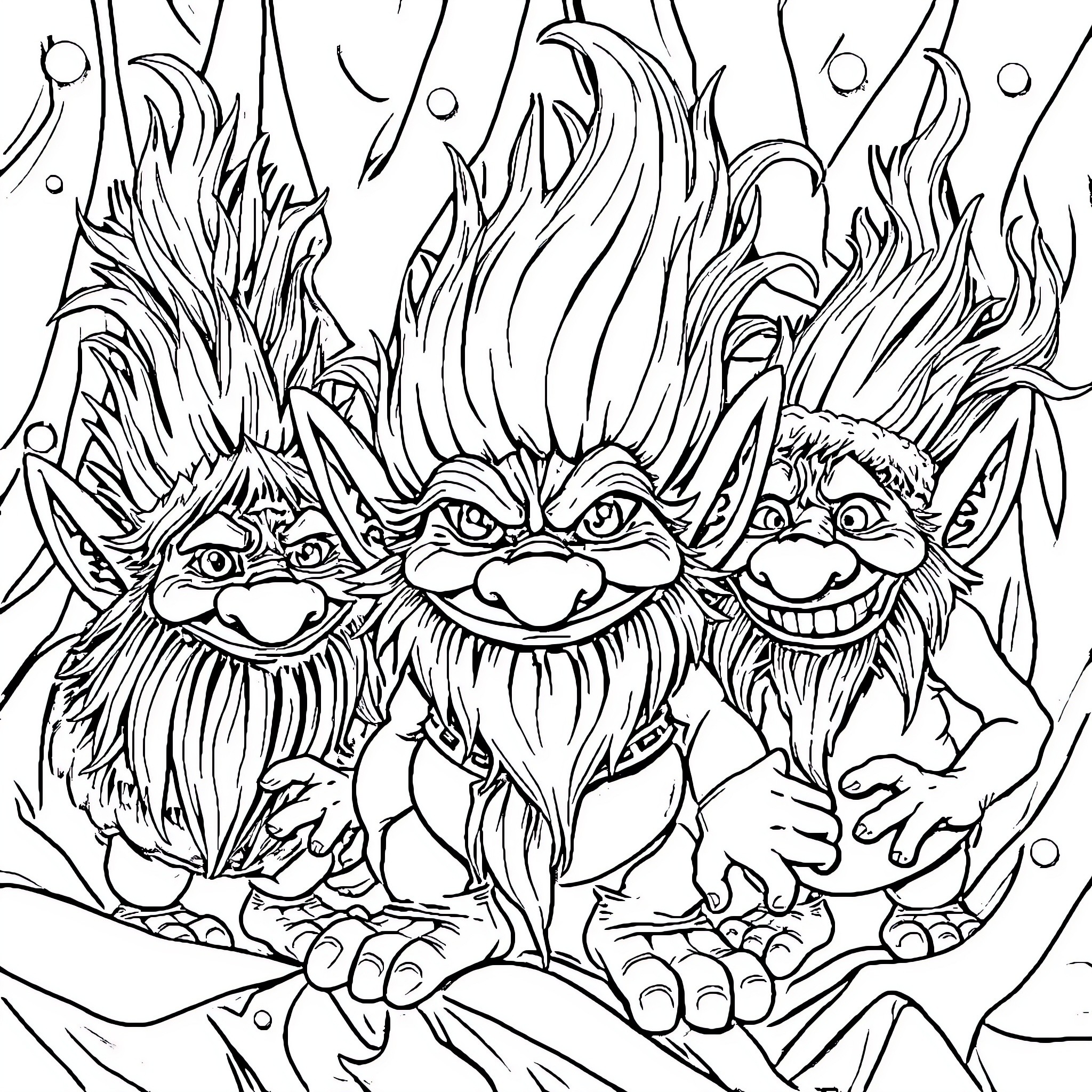 Troll Creatures Frolicking in Whimsical Enchantment Coloring Page (free black-and-white line drawing printable PDF for all, from beginners to advanced learners, including children, teens, adults, and seniors)
