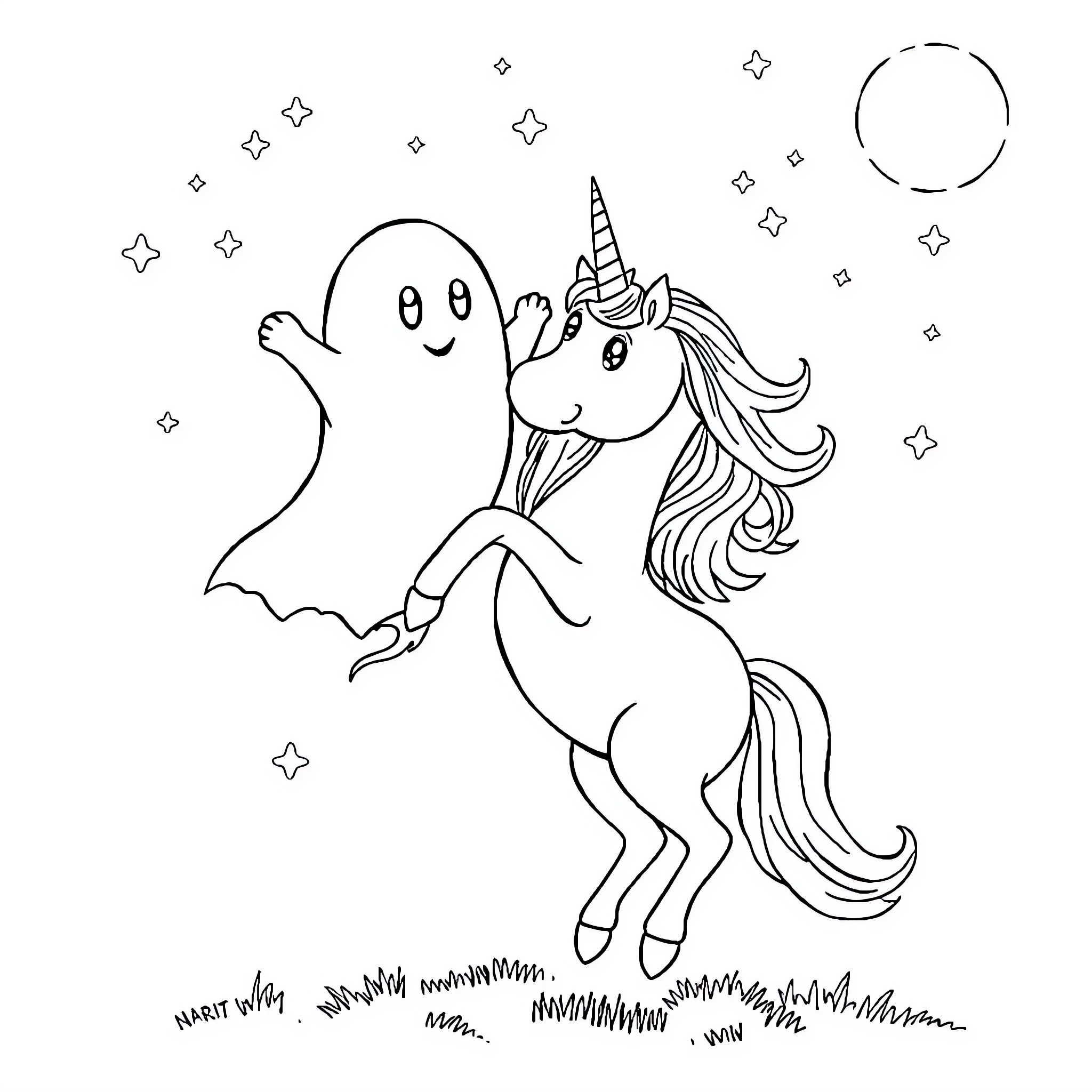 Ghost playing with magical unicorn in starry night Coloring Page (free black-and-white line drawing printable PDF for all, from beginners to advanced learners, including children, teens, adults, and seniors)