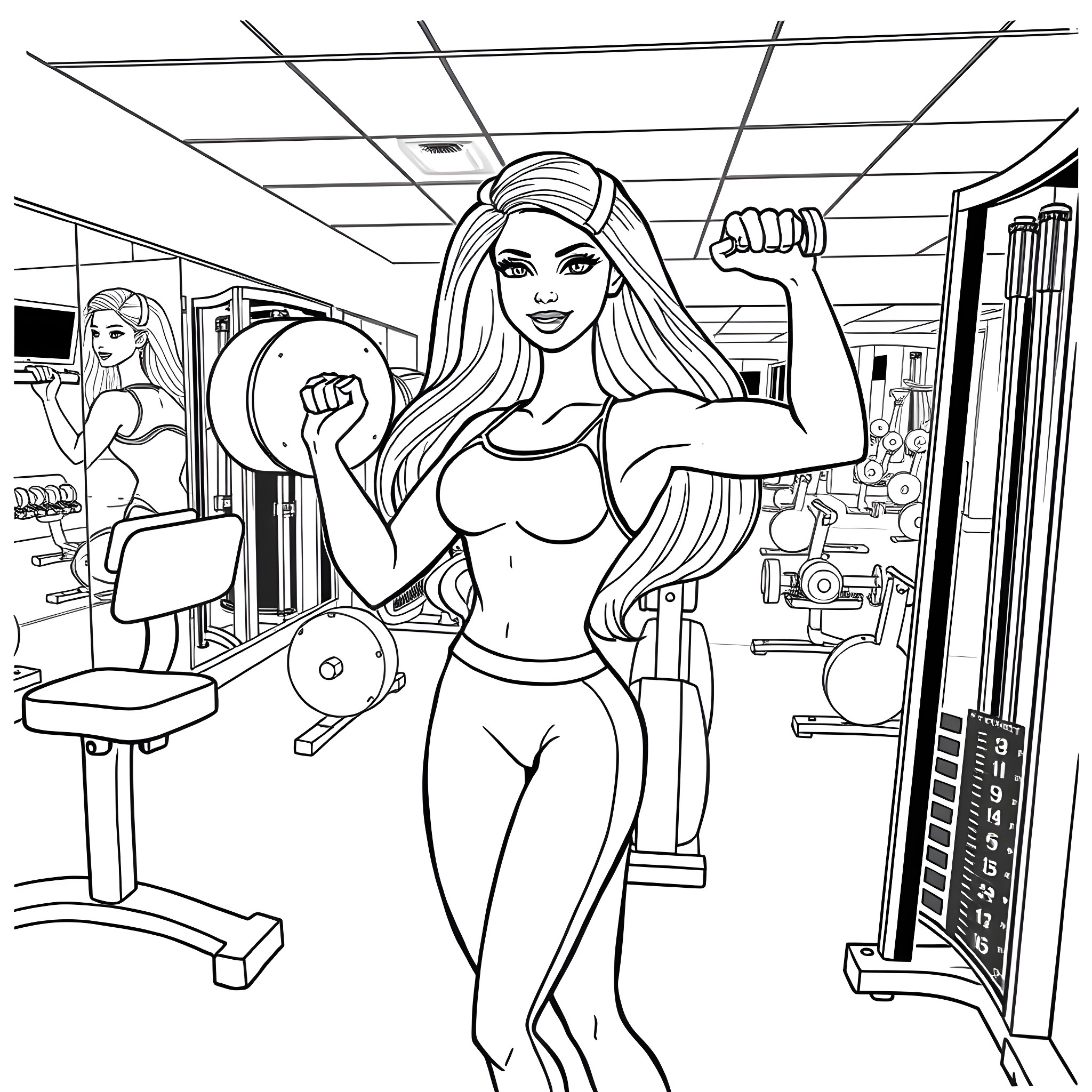 Barbie working out in the gym Coloring Page (free black-and-white line drawing printable PDF for all, from beginners to advanced learners, including children, teens, adults, and seniors)