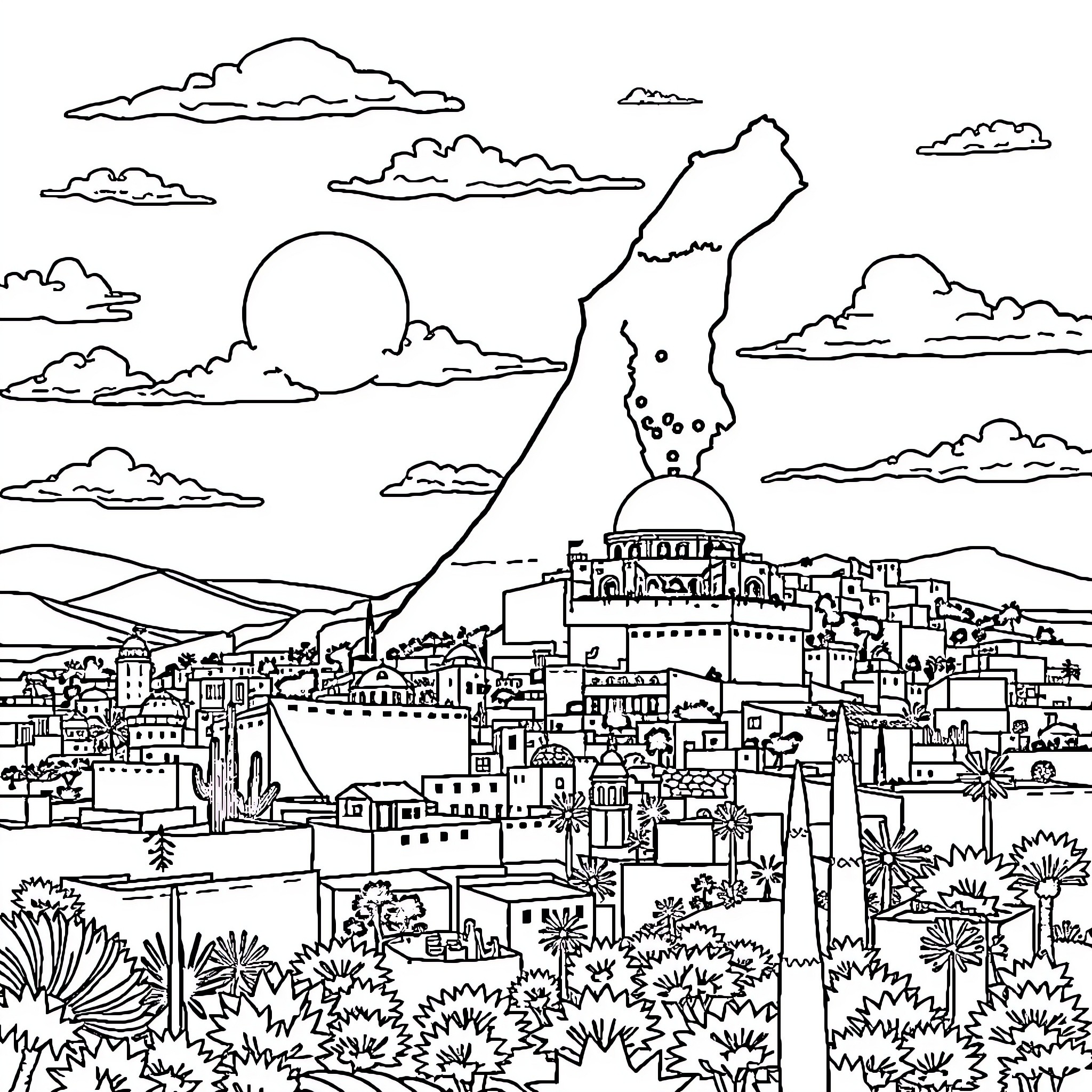 Israel's Vibrant Cityscape Amid the Landscape Coloring Page (free black-and-white line drawing printable PDF for all, from beginners to advanced learners, including children, teens, adults, and seniors)