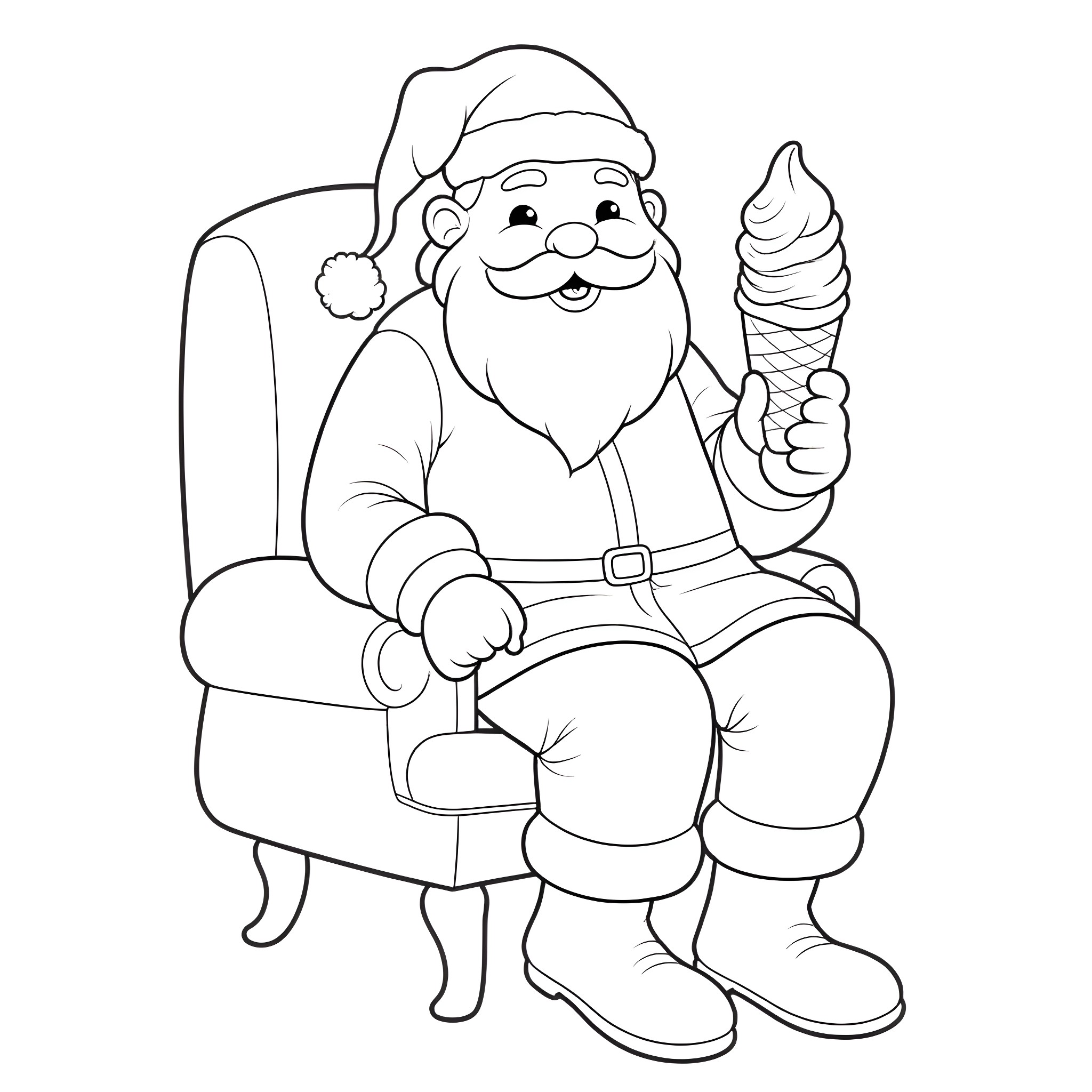 Santa Claus sitting on a chair with an ice cream Coloring Page (free black-and-white line drawing printable PDF for all, from beginners to advanced learners, including children, teens, adults, and seniors)