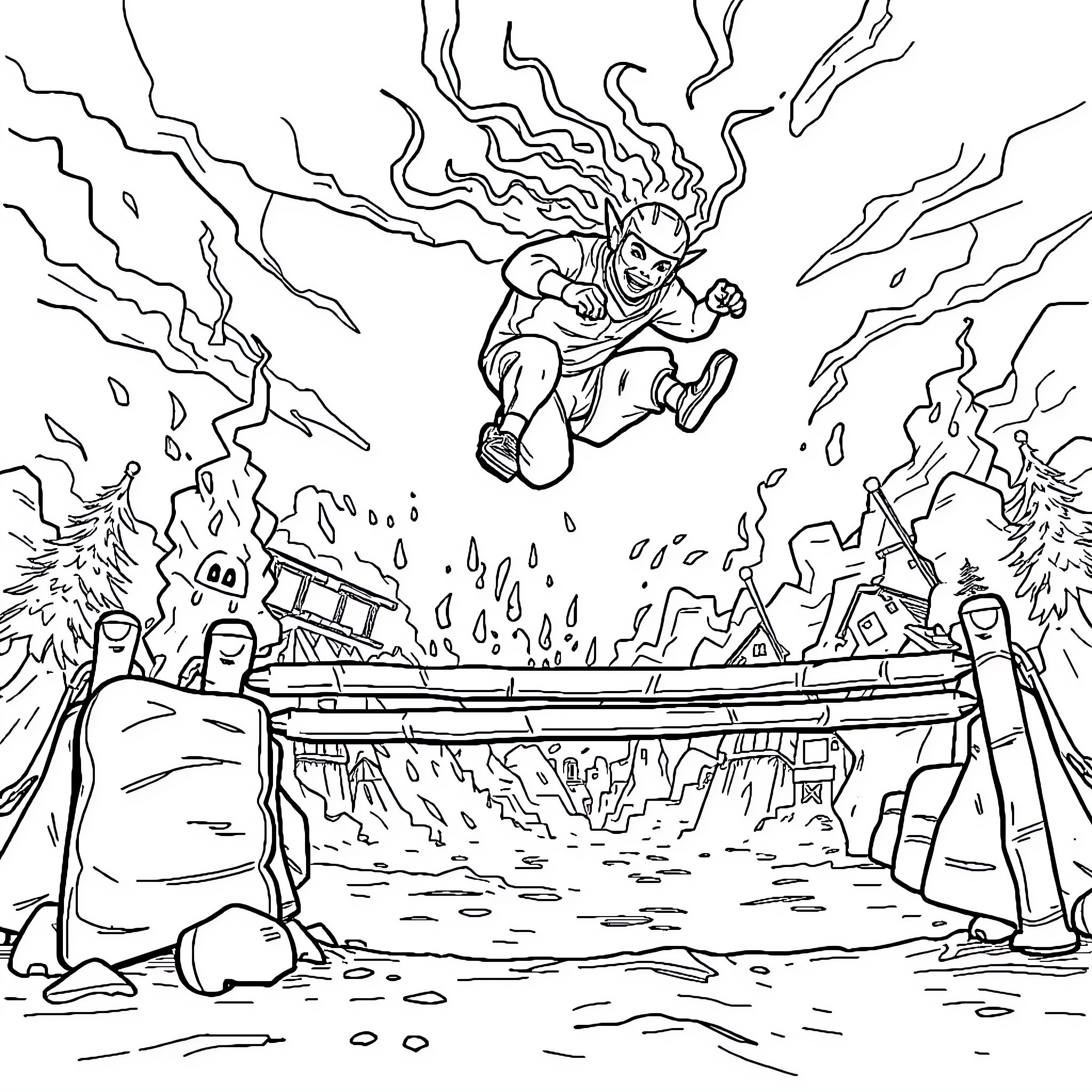 Freefire characters in action-packed battle scene Coloring Page (free black-and-white line drawing printable PDF for all, from beginners to advanced learners, including children, teens, adults, and seniors)