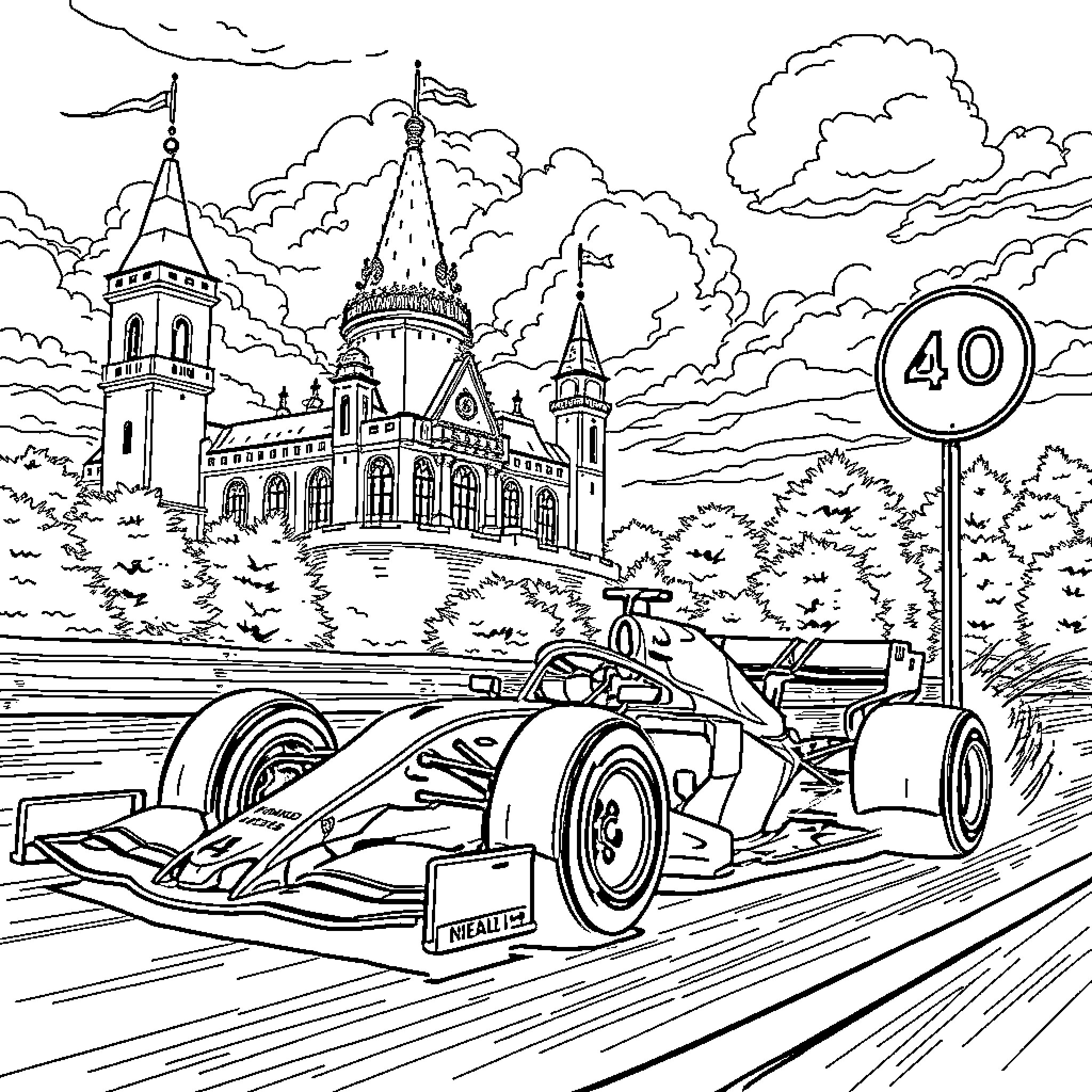 F1 Car racing through a fantastical landscape Coloring Page (free black-and-white line drawing printable PDF for all, from beginners to advanced learners, including children, teens, adults, and seniors)