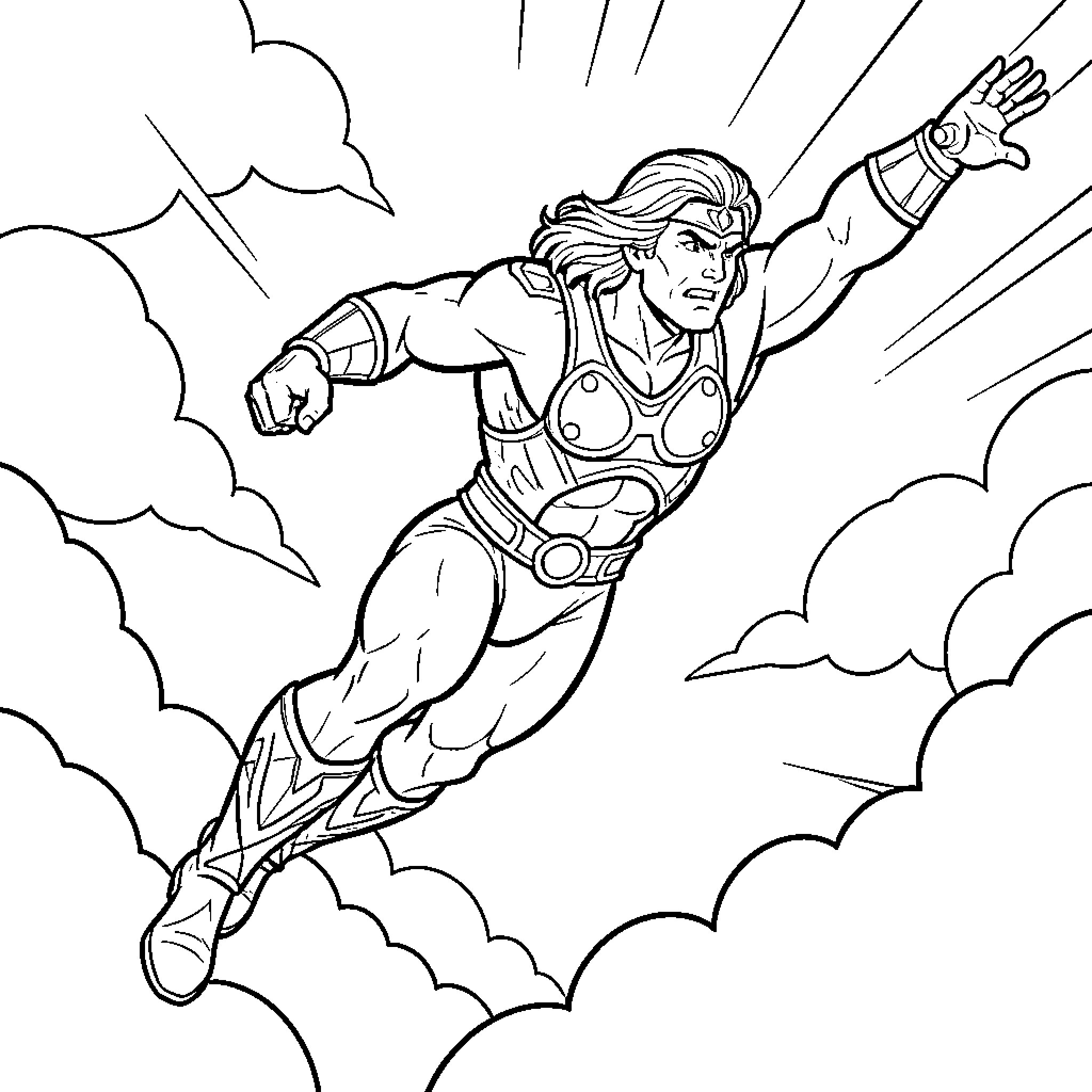 He-Man flying heroically through the clouds Coloring Page (free black-and-white line drawing printable PDF for all, from beginners to advanced learners, including children, teens, adults, and seniors)