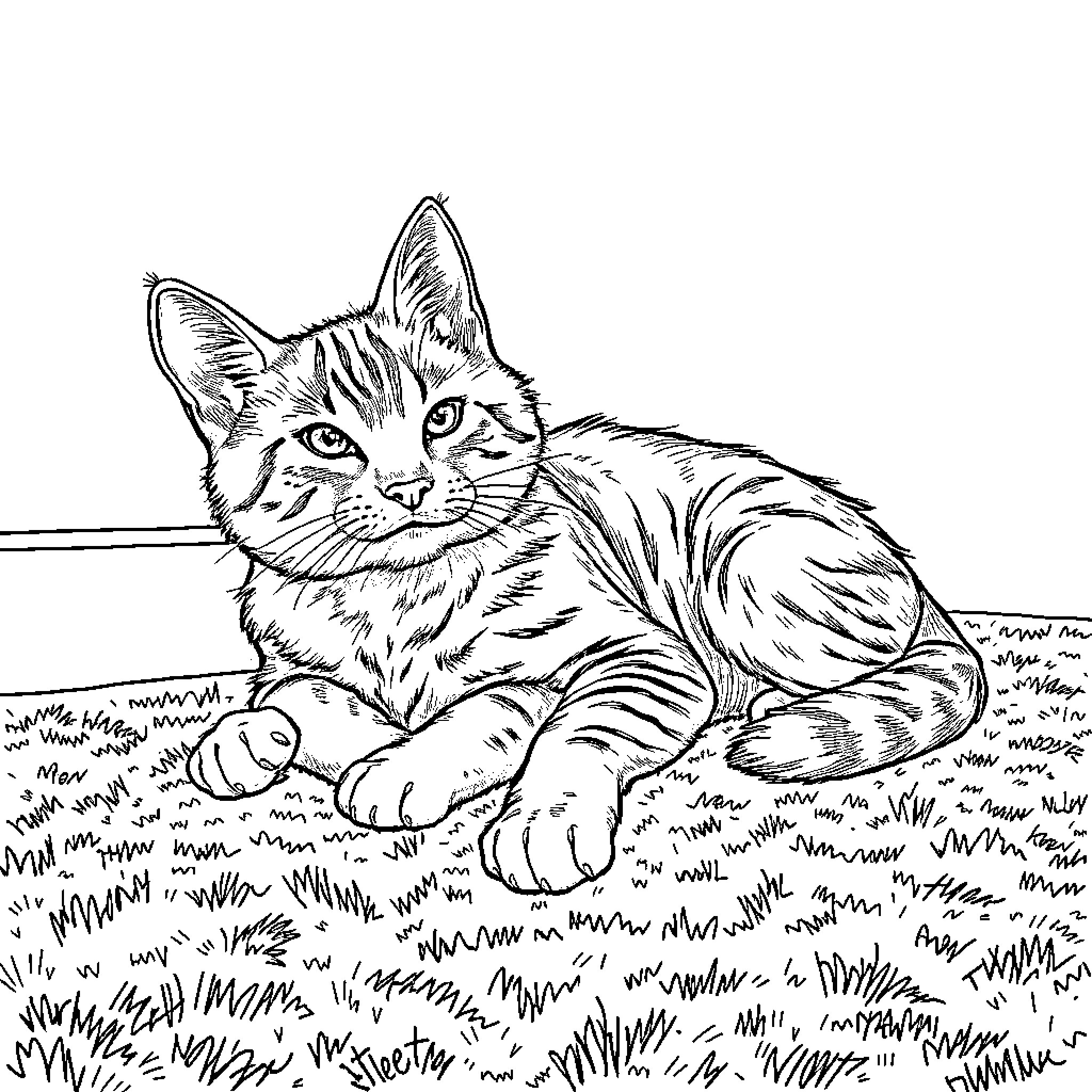 Stewy the Curious Feline in the Grass Coloring Page (free black-and-white line drawing printable PDF for all, from beginners to advanced learners, including children, teens, adults, and seniors)