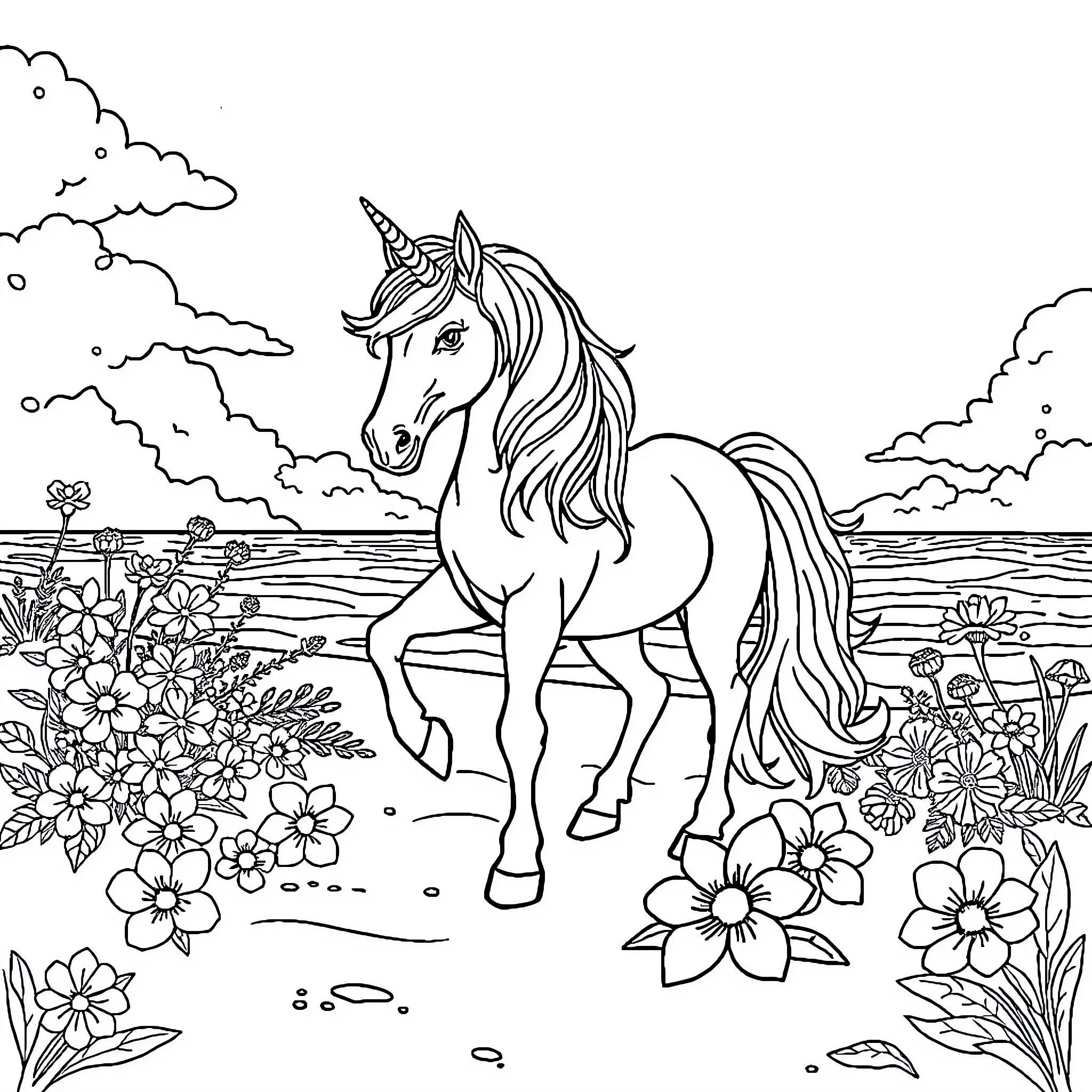 Unicorn standing amidst vibrant floral scenery Coloring Page (free black-and-white line drawing printable PDF for all, from beginners to advanced learners, including children, teens, adults, and seniors)