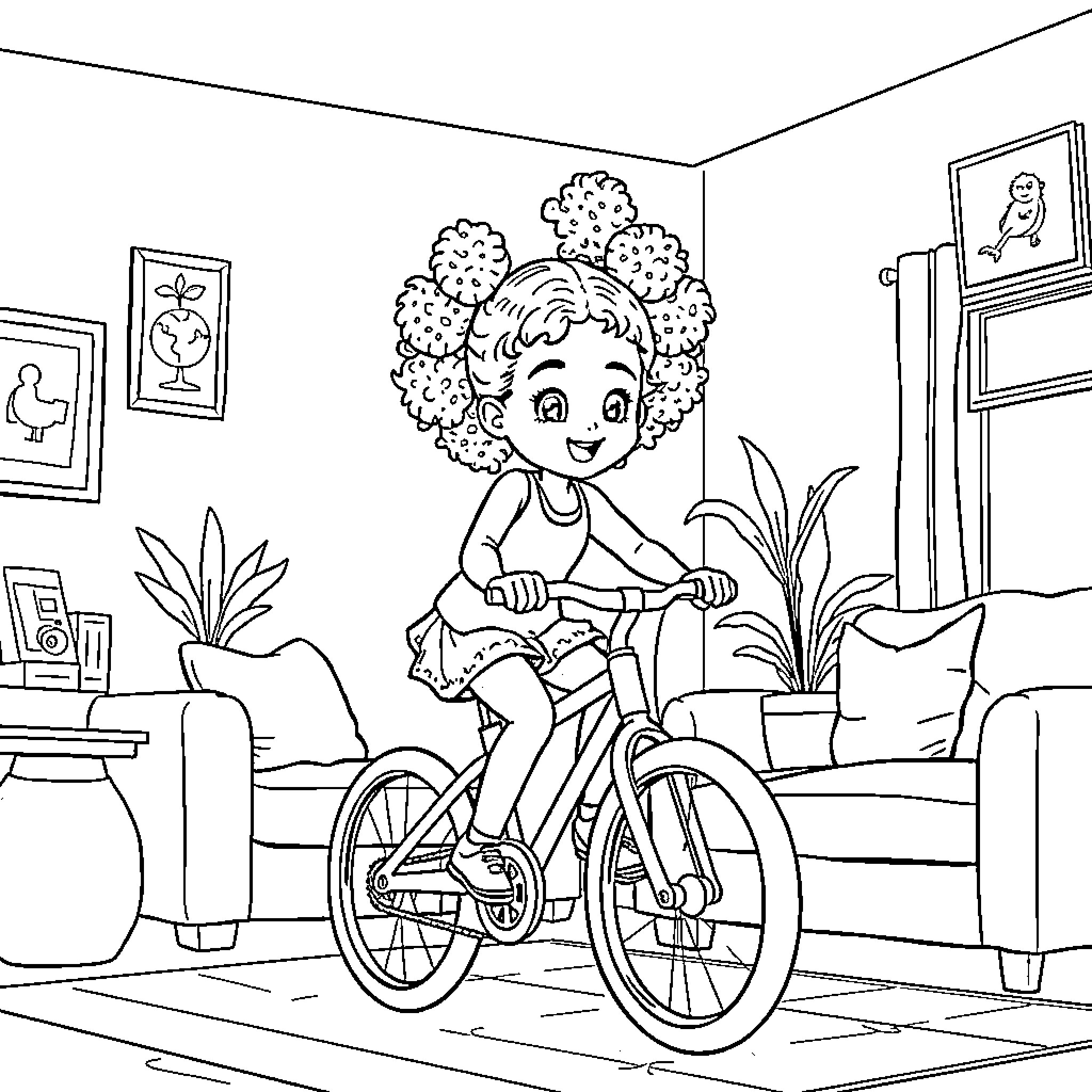 Girl riding bicycle indoors in living room Coloring Page (free black-and-white line drawing printable PDF for all, from beginners to advanced learners, including children, teens, adults, and seniors)