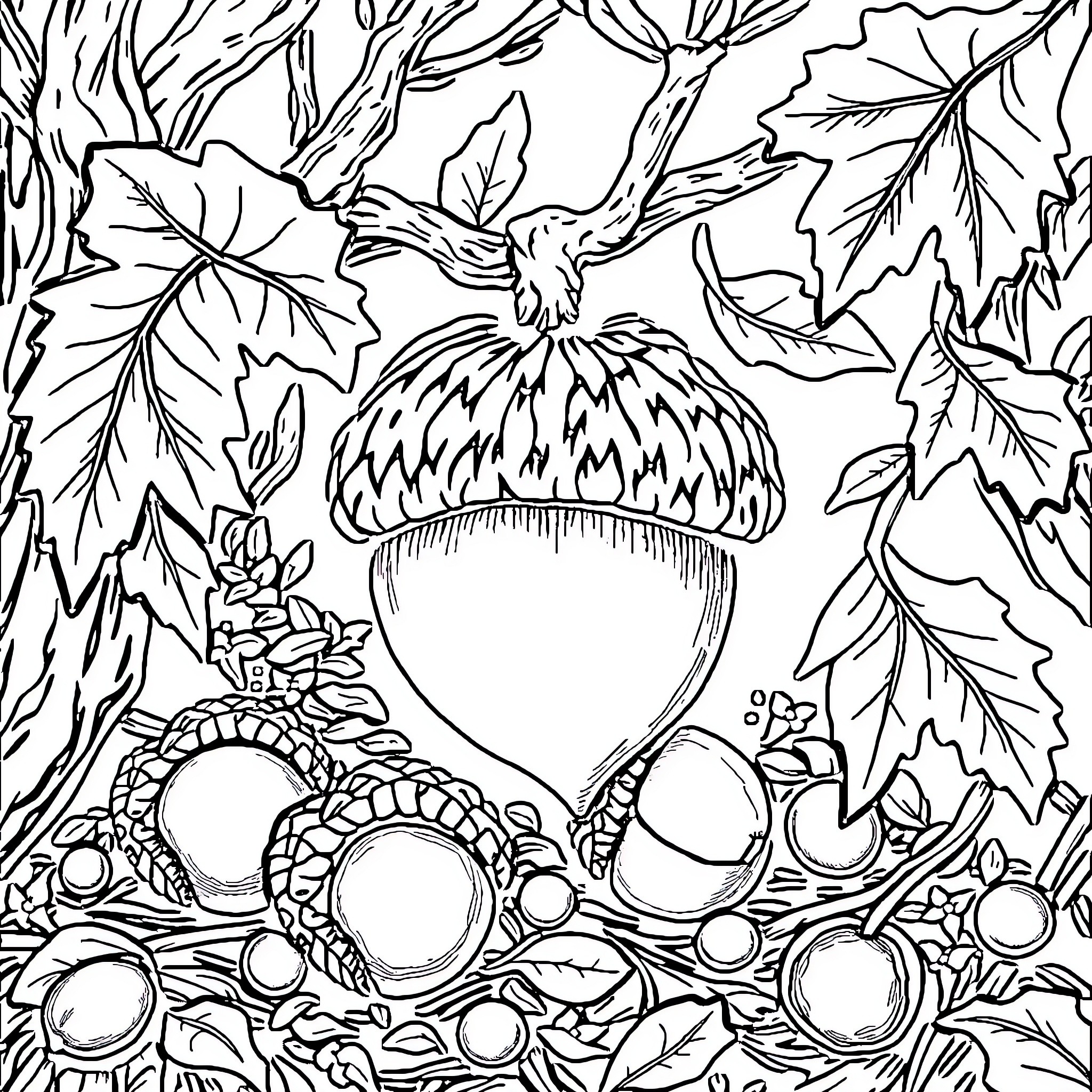 Acorn forest scene with detailed leaves and nuts Coloring Page (free black-and-white line drawing printable PDF for all, from beginners to advanced learners, including children, teens, adults, and seniors)