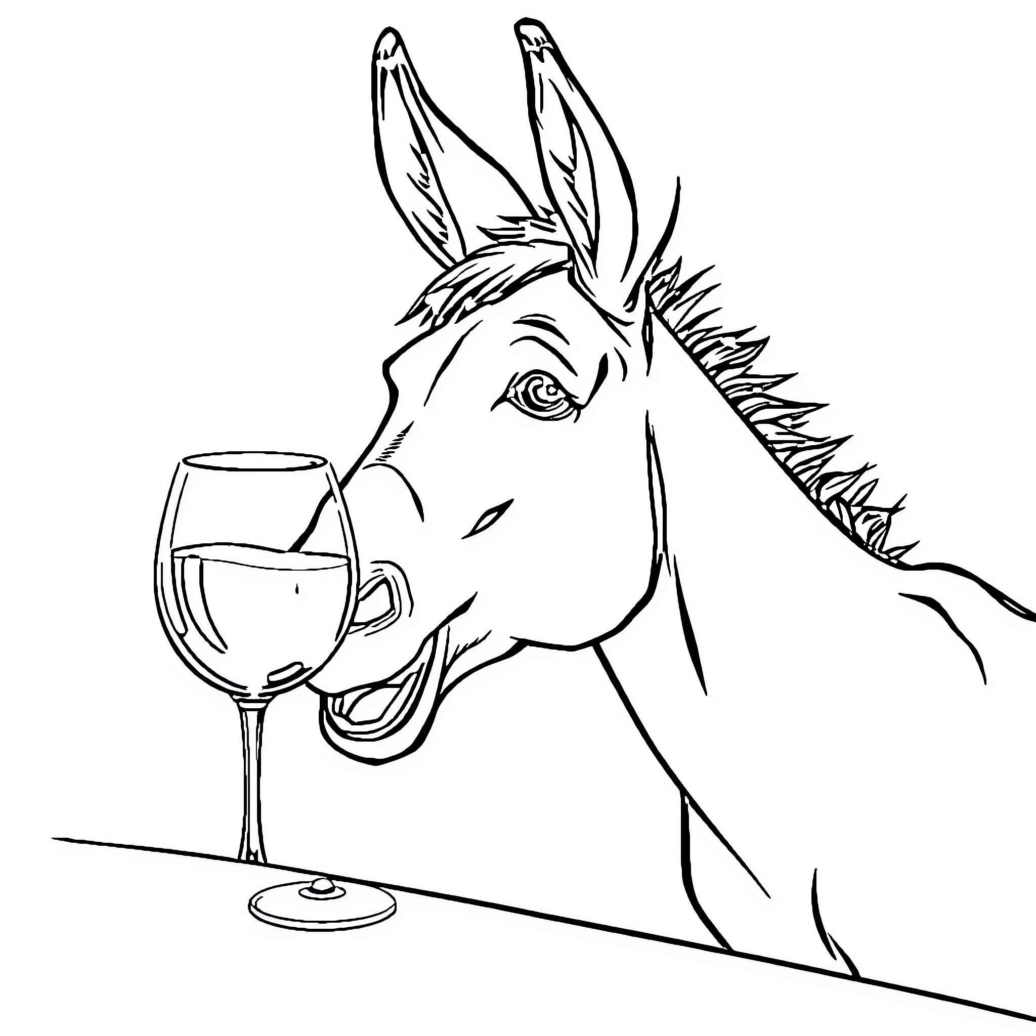 Donkey enjoying a glass of wine Coloring Page (free black-and-white line drawing printable PDF for all, from beginners to advanced learners, including children, teens, adults, and seniors)