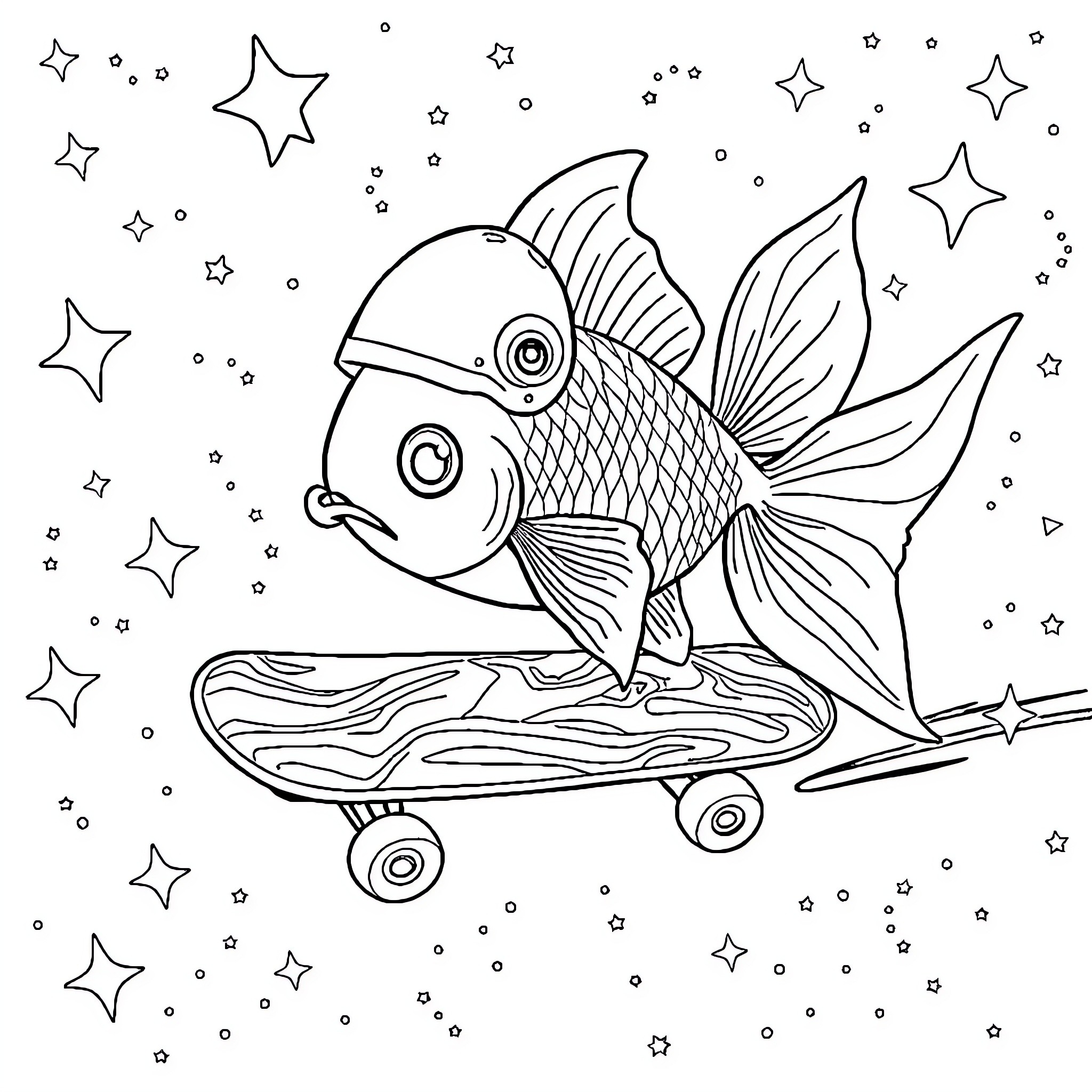 Goldfish riding skateboard among the stars Coloring Page (free black-and-white line drawing printable PDF for all, from beginners to advanced learners, including children, teens, adults, and seniors)
