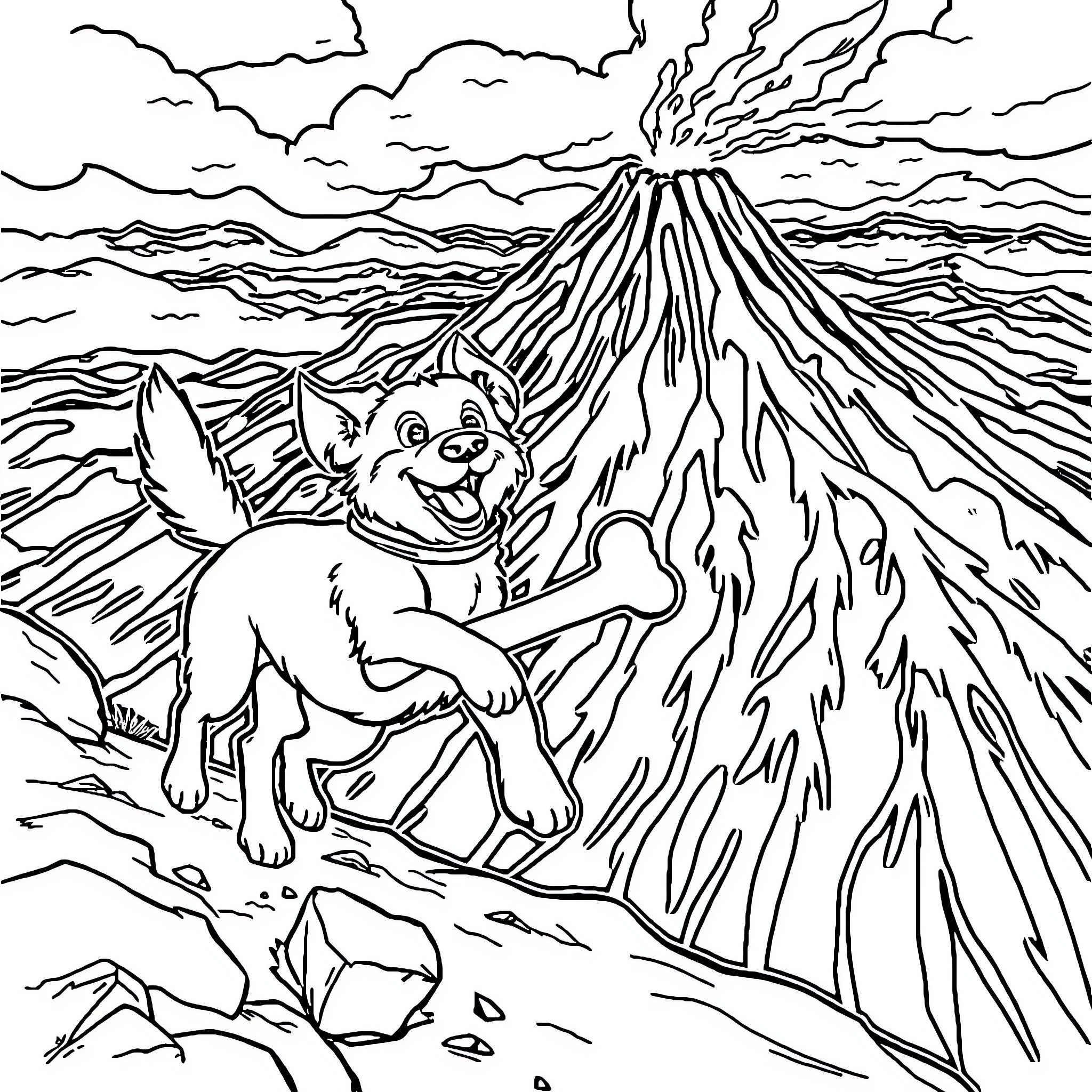 Dog exploring volcanic landscape Coloring Page (free black-and-white line drawing printable PDF for all, from beginners to advanced learners, including children, teens, adults, and seniors)