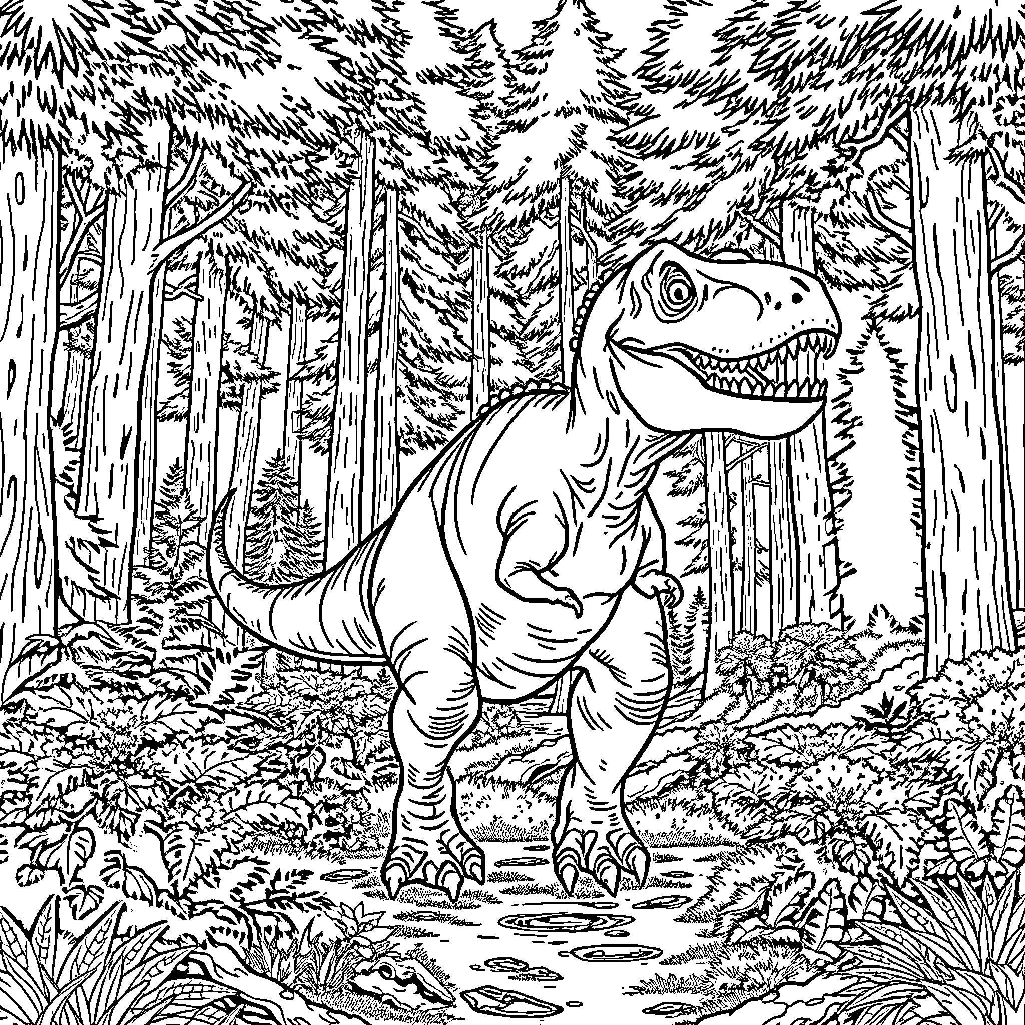 T-Rex Roaming Through the Prehistoric Forest Coloring Page (free black-and-white line drawing printable PDF for all, from beginners to advanced learners, including children, teens, adults, and seniors)