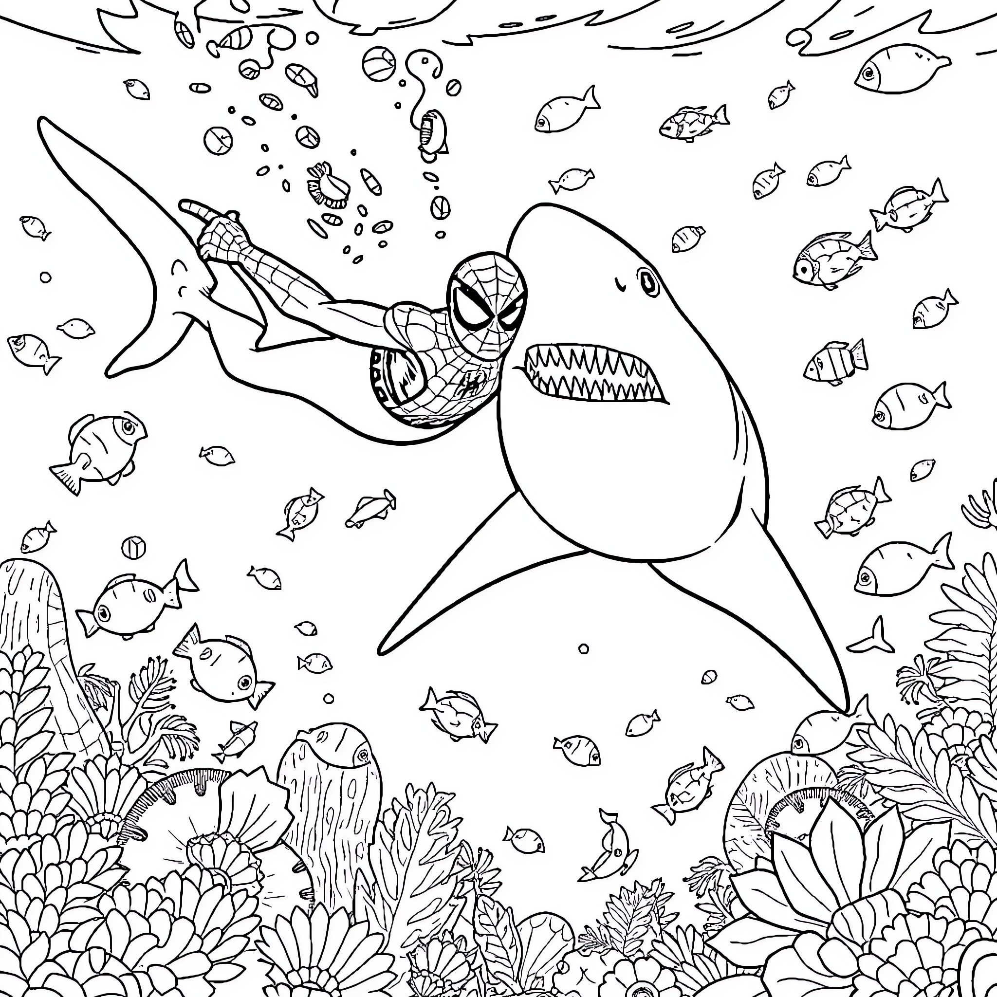 Spider-Man diving underwater with marine life Coloring Page (free black-and-white line drawing printable PDF for all, from beginners to advanced learners, including children, teens, adults, and seniors)