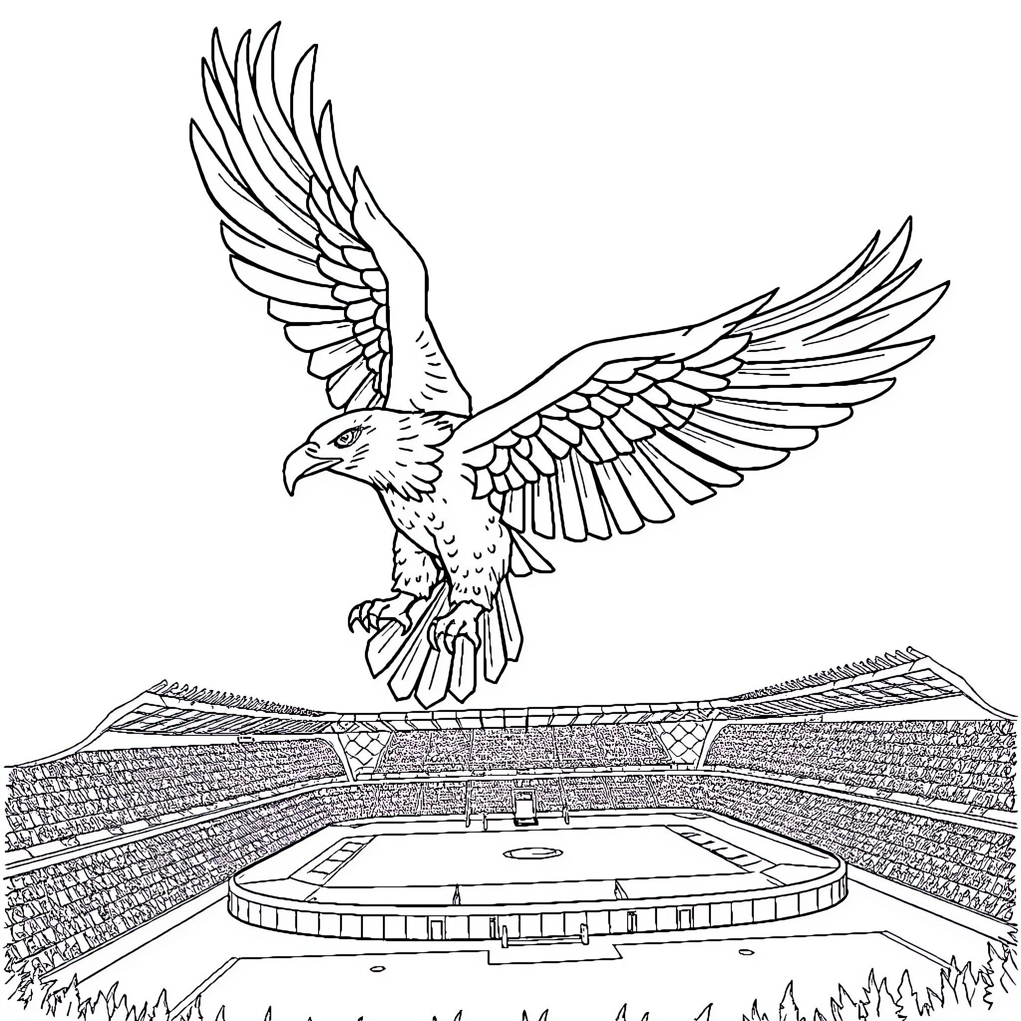 Eagle soaring high above the stadium Coloring Page (free black-and-white line drawing printable PDF for all, from beginners to advanced learners, including children, teens, adults, and seniors)