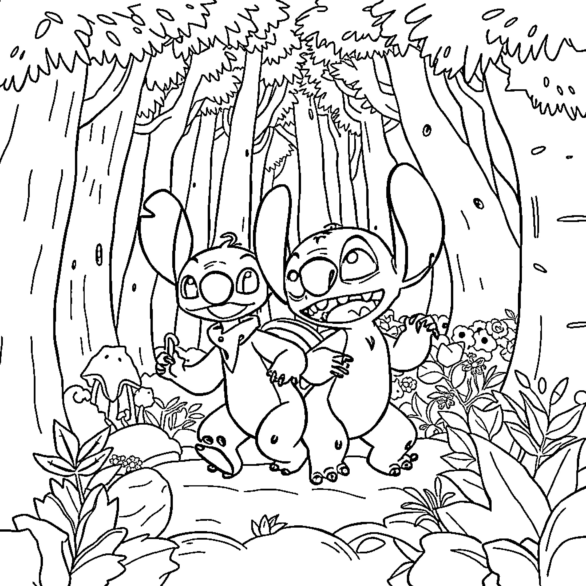 Paw Patrol Stitch and Lilo in the Enchanted Forest Coloring Page (free black-and-white line drawing printable PDF for all, from beginners to advanced learners, including children, teens, adults, and seniors)